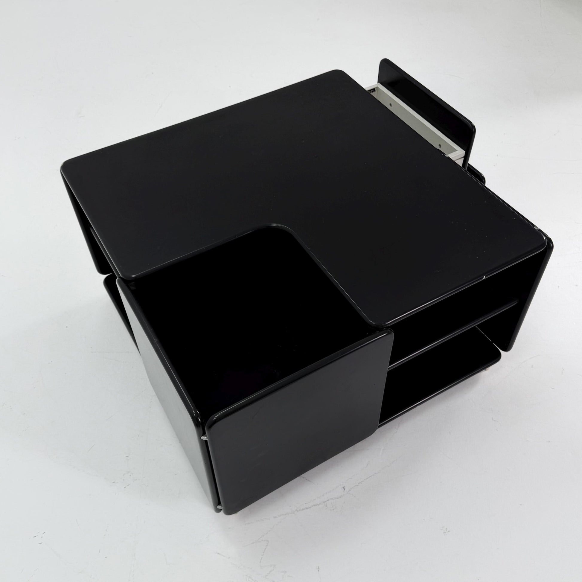 Rare Mid-Century Black Coffee Table by Tecta Germany | Bauhaus Design 1980s | Sliding Drawers on Wheels