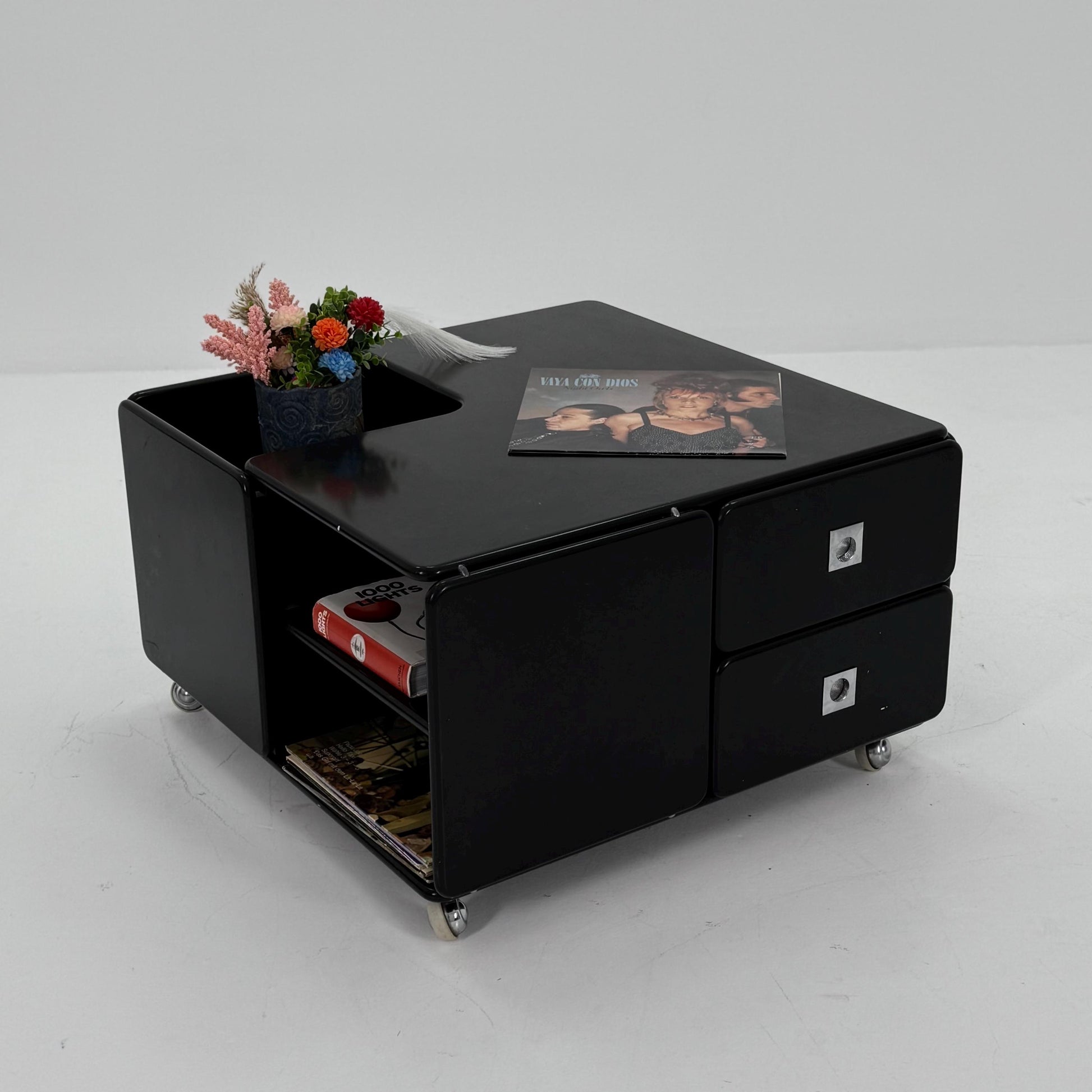 Rare Mid-Century Black Coffee Table by Tecta Germany | Bauhaus Design 1980s | Sliding Drawers on Wheels