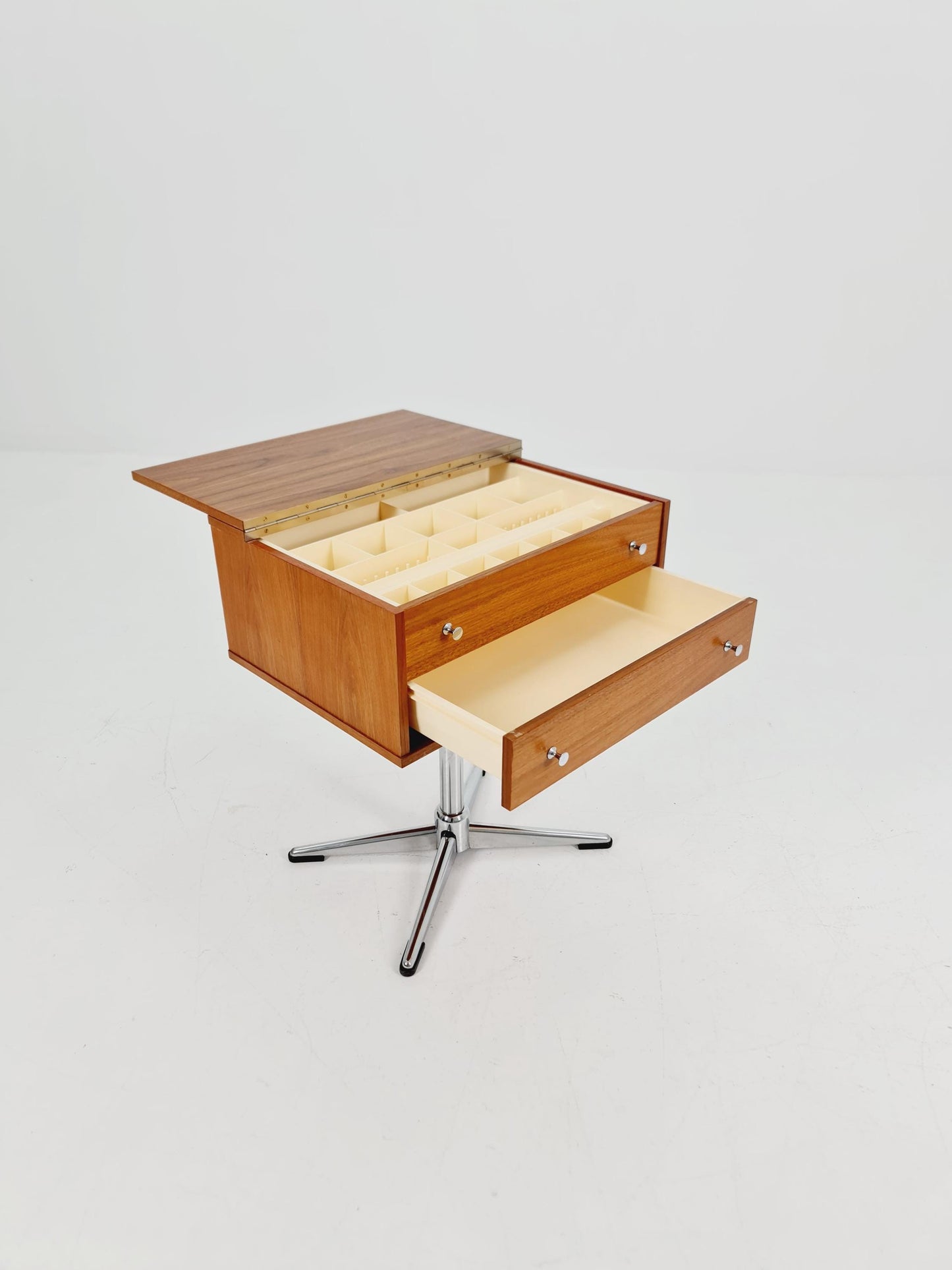 Vintage walnut sweing table/ side table cabinet, By horn möbel 1970s