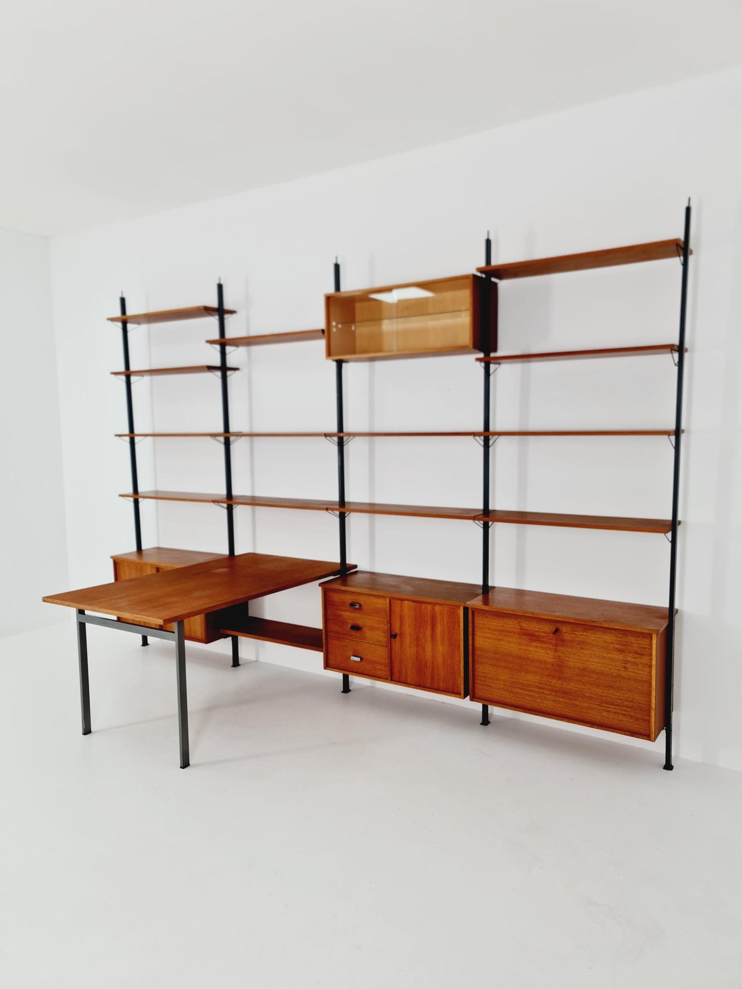 Mid century room divider shelf system EXtra Wide teak & metal by Olof Pira Sweden, 1950s