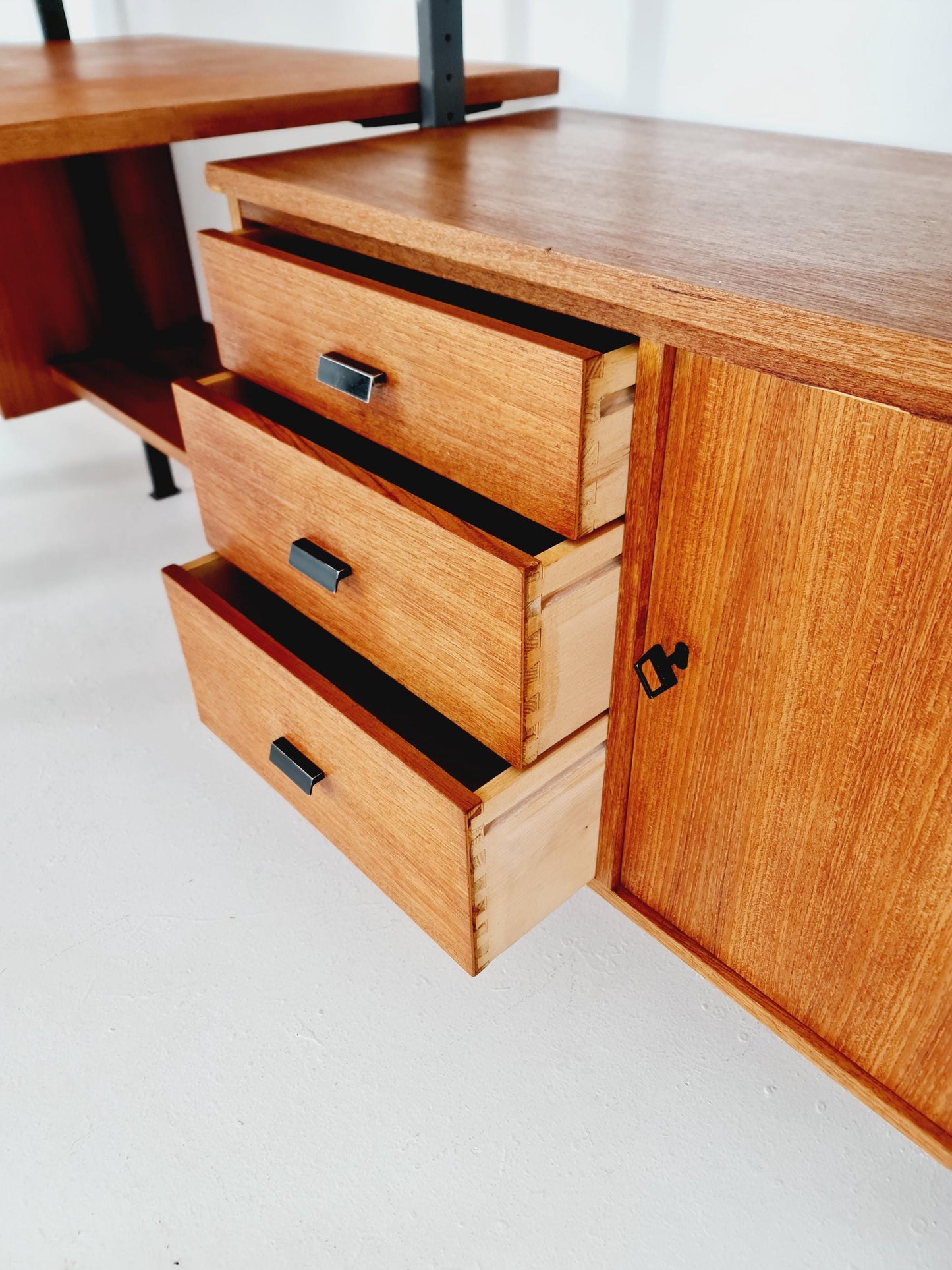 Mid century room divider shelf system EXtra Wide teak & metal by Olof Pira Sweden, 1950s