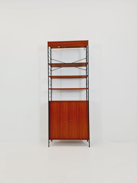 Free standing String shelf-system, bookcase with cabinet and lighting teak by WHB Germany, 1950s