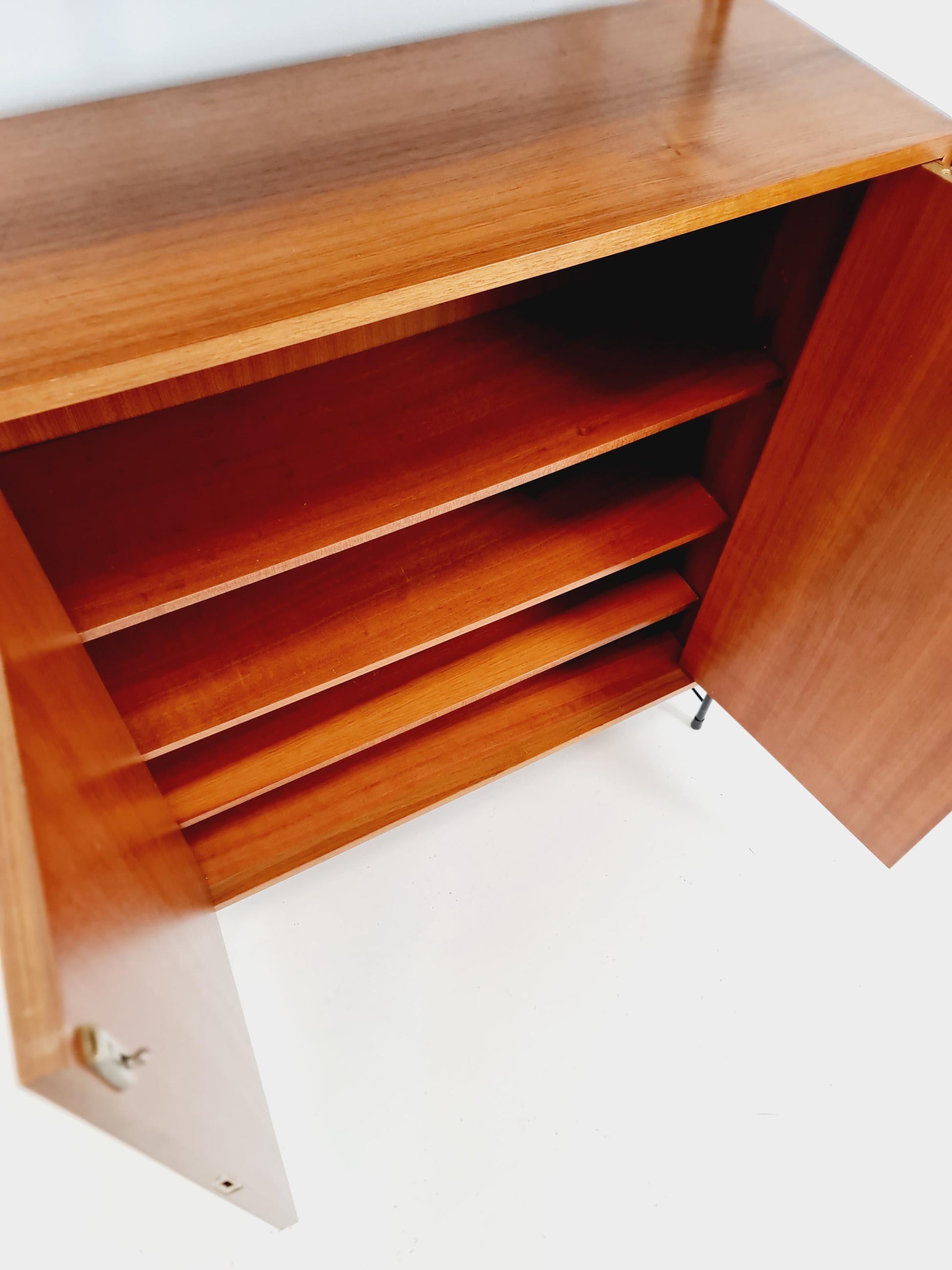 Free standing String shelf-system, bookcase with cabinet and lighting teak by WHB Germany, 1950s