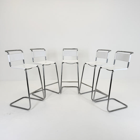 Set of 5x Bauhaus S39 L Bar Stools by Mart Stam for Thonet – white Vegetal Leather & Chrome – 1970s Germany