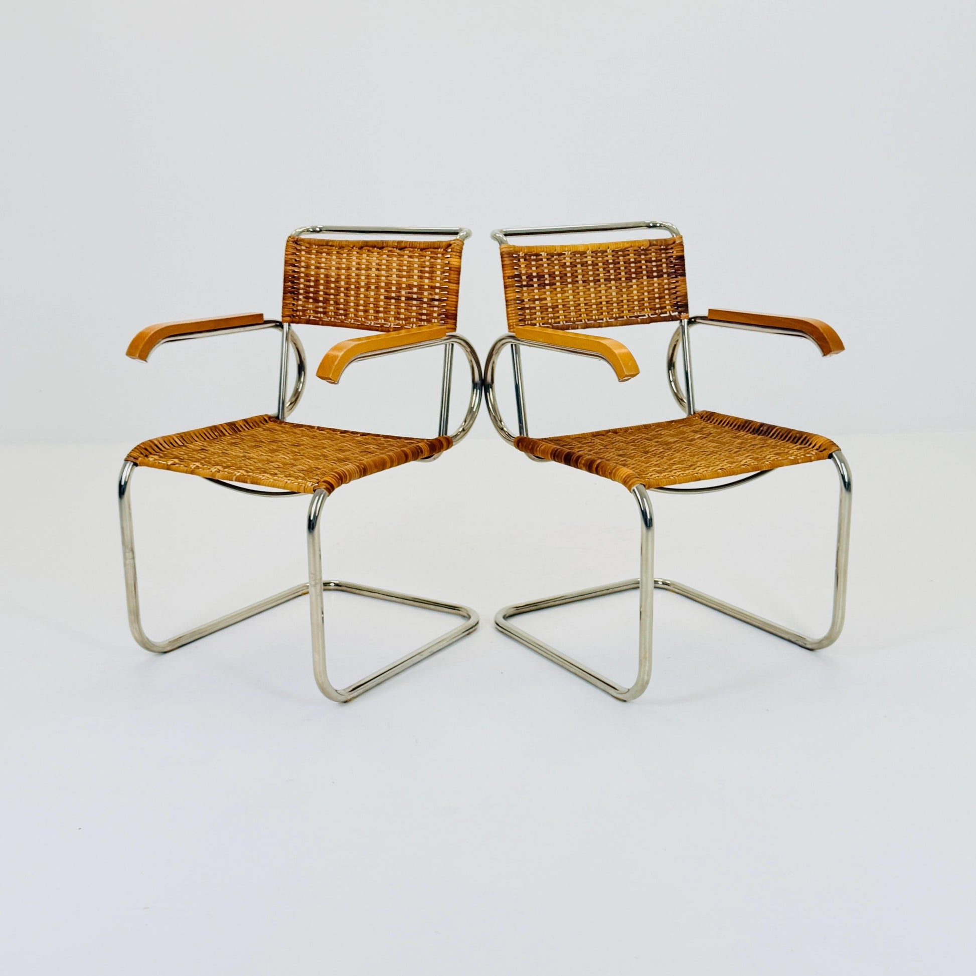 set of 2 Mid century Cantilever D40 Rattan armchairs for Marcel Breuer By Tecta Germany 1980s