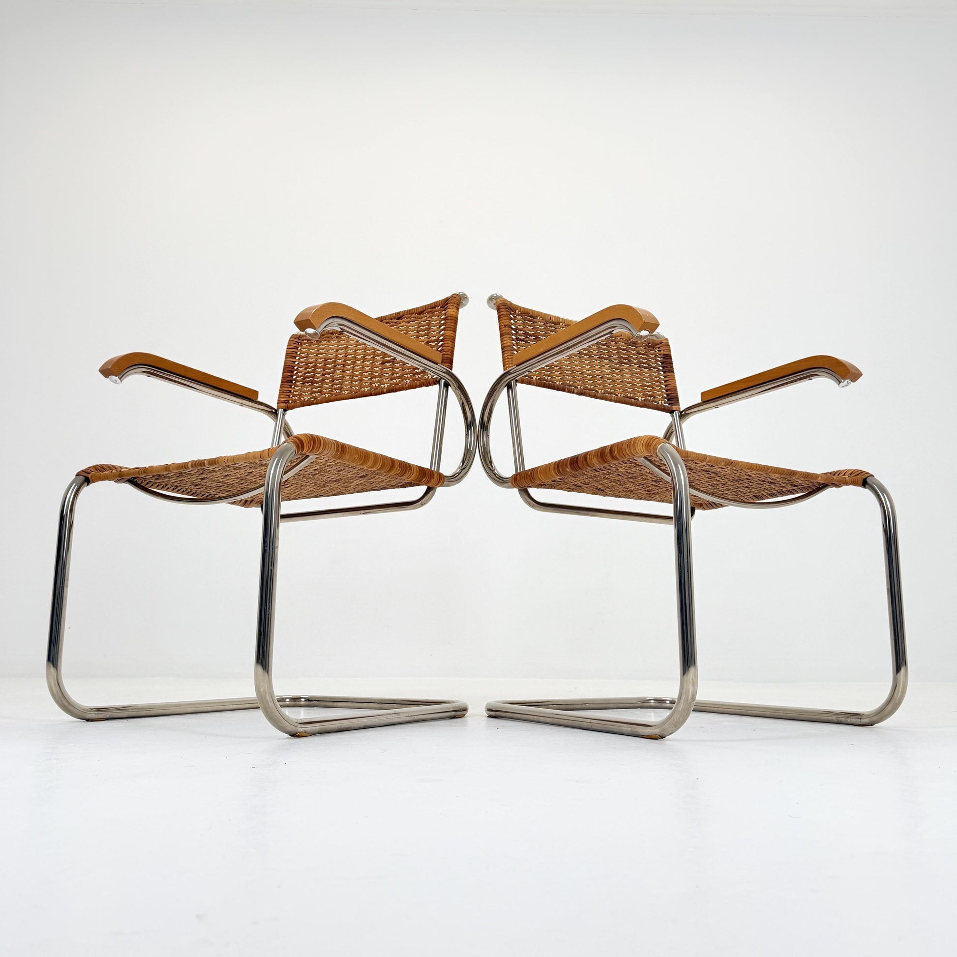 set of 2 Mid century Cantilever D40 Rattan armchairs for Marcel Breuer By Tecta Germany 1980s