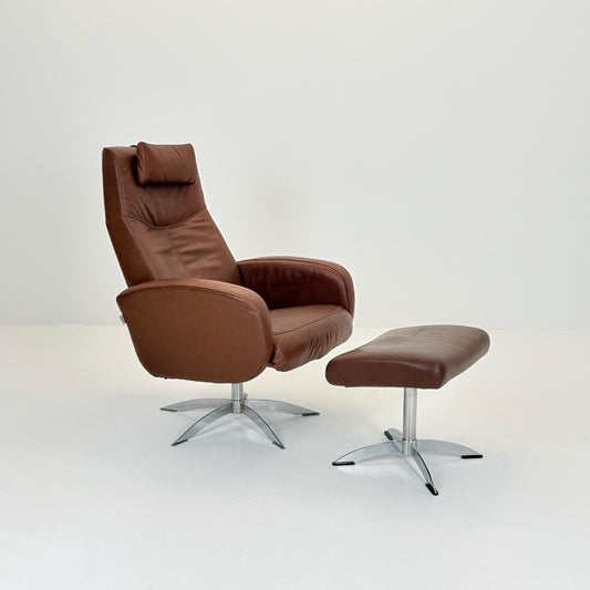 Mid Century Hjort Knudsen Danish Spinning Armchair & Ottoman – Brown Leather Swivel Lounge Chair – Denmark 1990s MCM