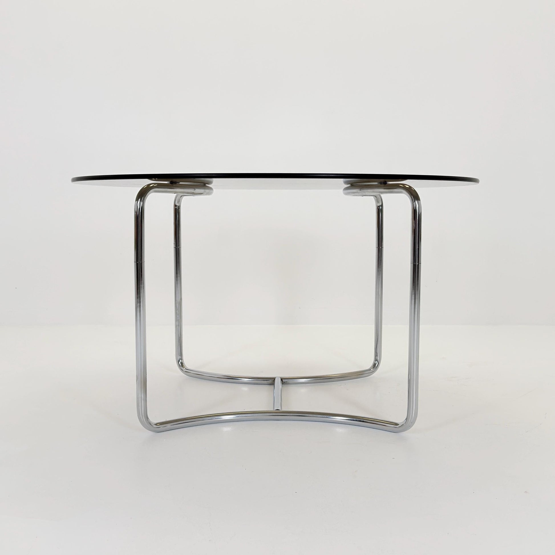 Mid-Century Modern Bauhaus Dining Table By Vittorio Introini– 1970s Italy, Round Smoked Glass & Chrome,