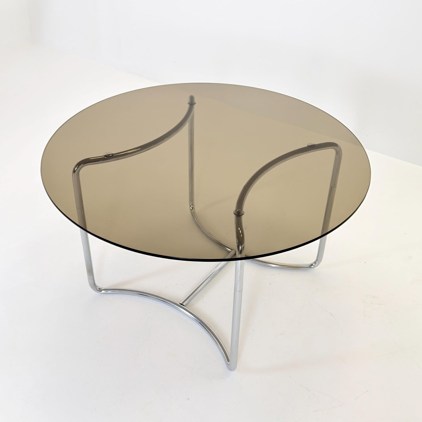 Mid-Century Modern Bauhaus Dining Table By Vittorio Introini– 1970s Italy, Round Smoked Glass & Chrome,