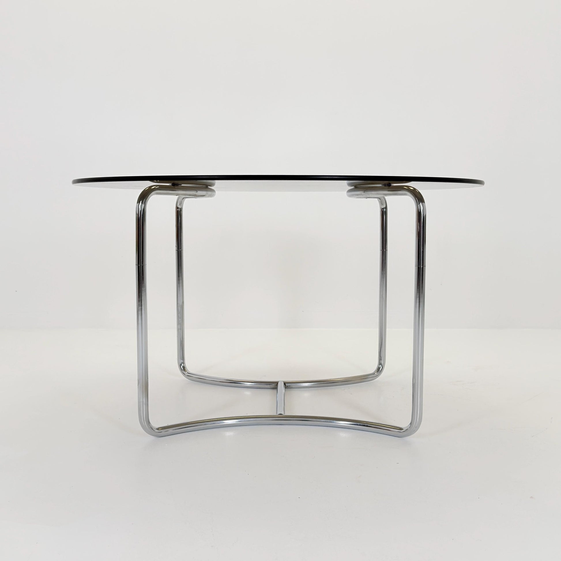 Complete Mid-Century Italian Dining Set – Vittorio Introini Round Smoked Glass Table + 6 Gastone Rinaldi Chrome Cantilever Chairs, 1970s