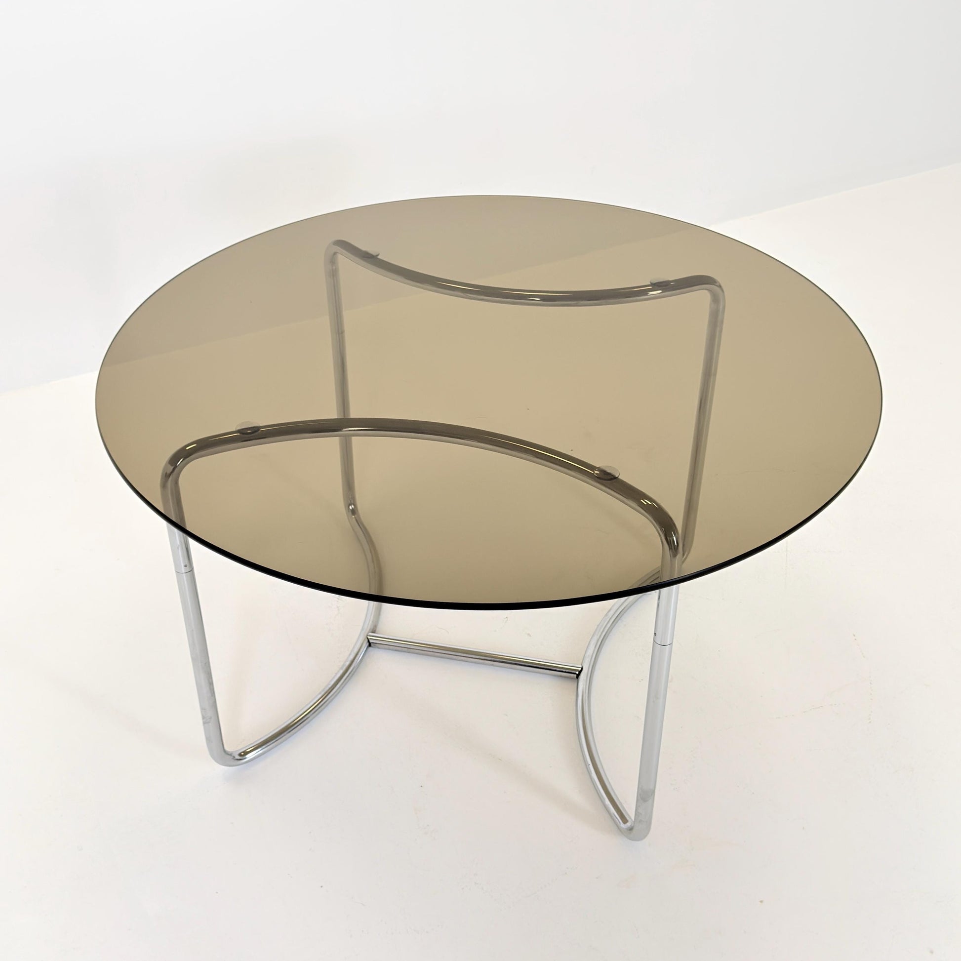 Complete Mid-Century Italian Dining Set – Vittorio Introini Round Smoked Glass Table + 6 Gastone Rinaldi Chrome Cantilever Chairs, 1970s