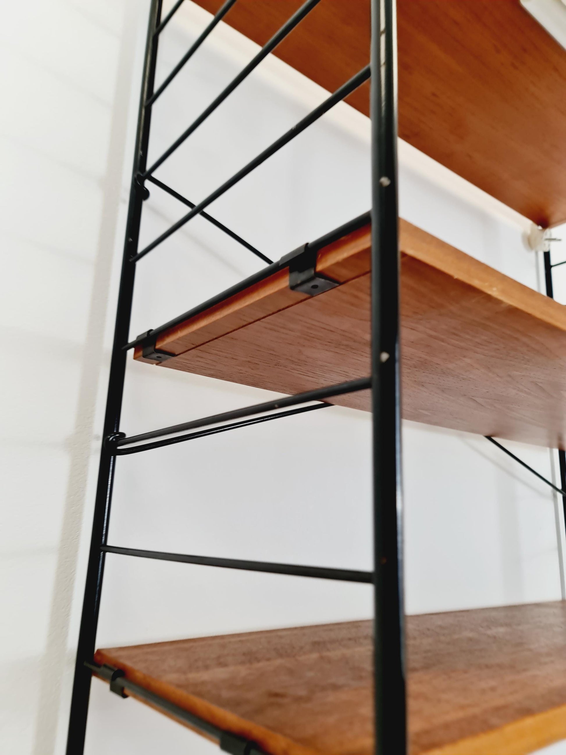 Free standing String shelf-system, bookcase with cabinet and lighting teak by WHB Germany, 1950s