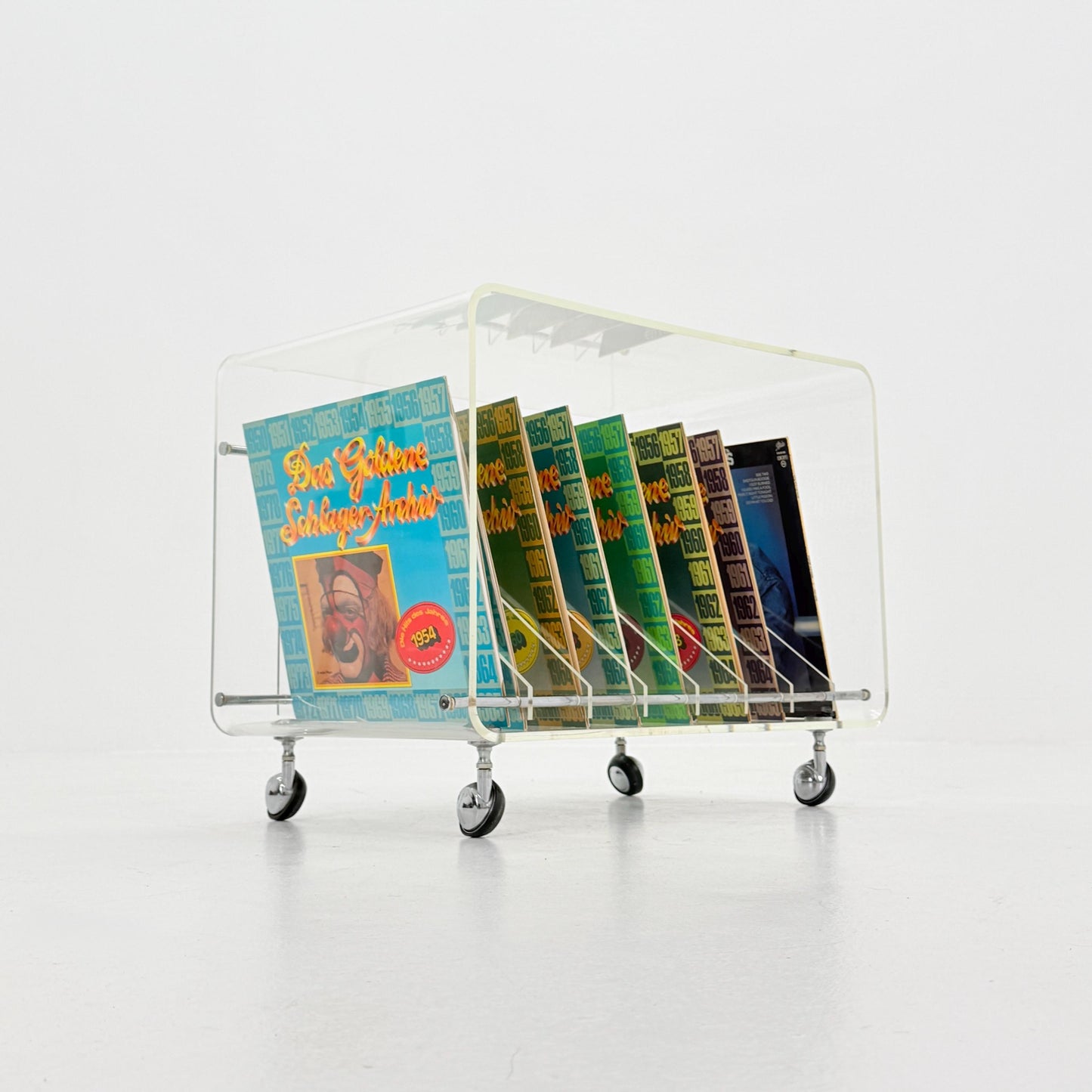 Space age Smoked Plexiglass vinyl storage /Trolley by Michel Dumas for Roche Bobois 1970s