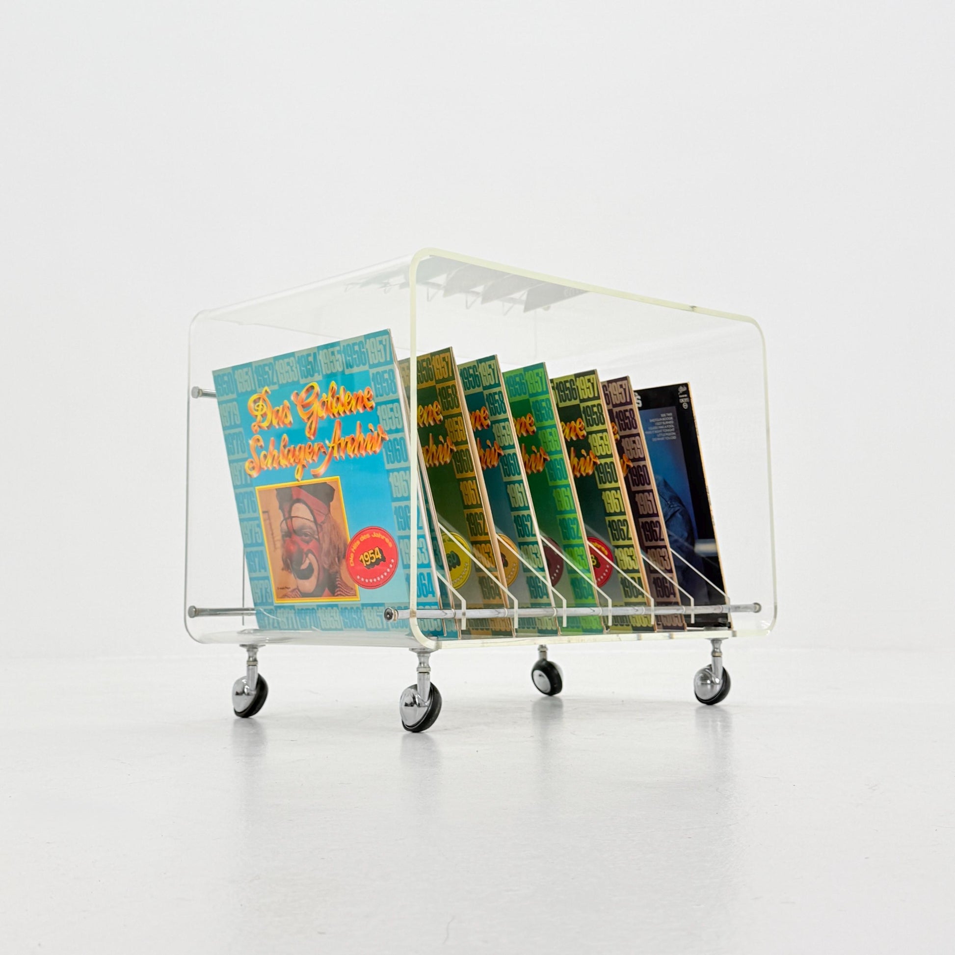 Space age Smoked Plexiglass vinyl storage /Trolley by Michel Dumas for Roche Bobois 1970s