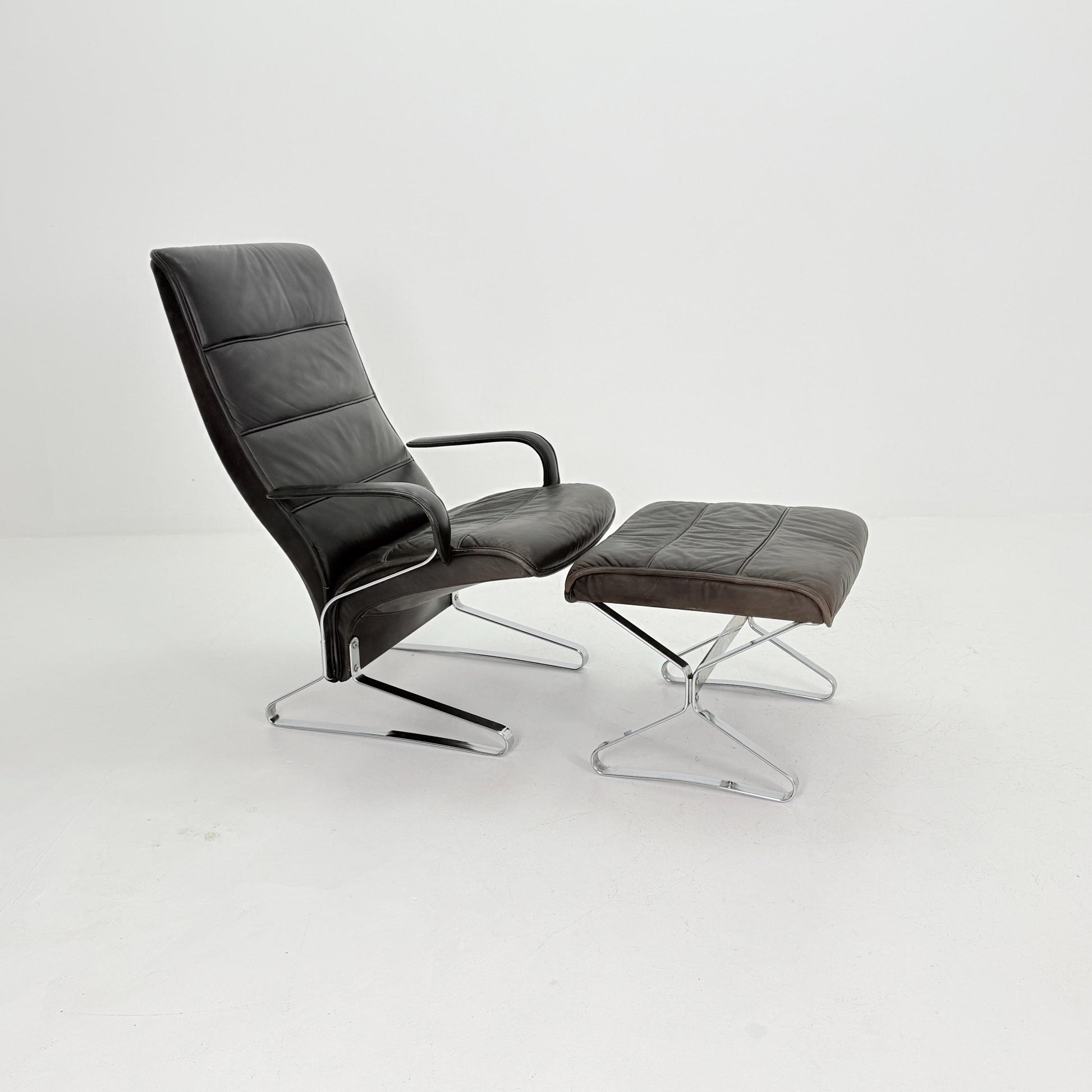 Mid Century Modern Lounge Chair / Ottoman Attributed to Kastholm & Fabricius – Black Leather -Chrome Armchair, Germany 1980s