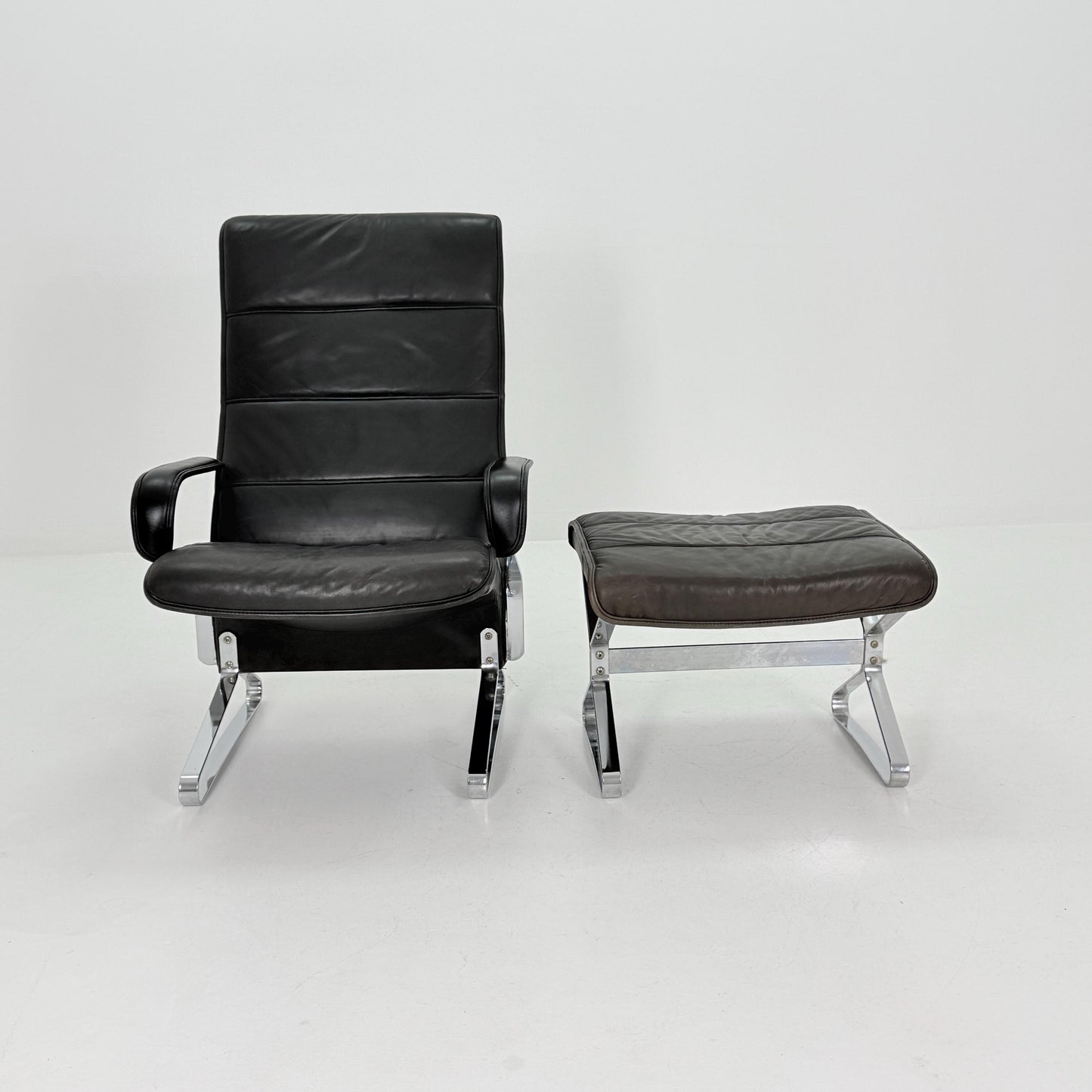 Mid Century Modern Lounge Chair / Ottoman Attributed to Kastholm & Fabricius – Black Leather -Chrome Armchair, Germany 1980s