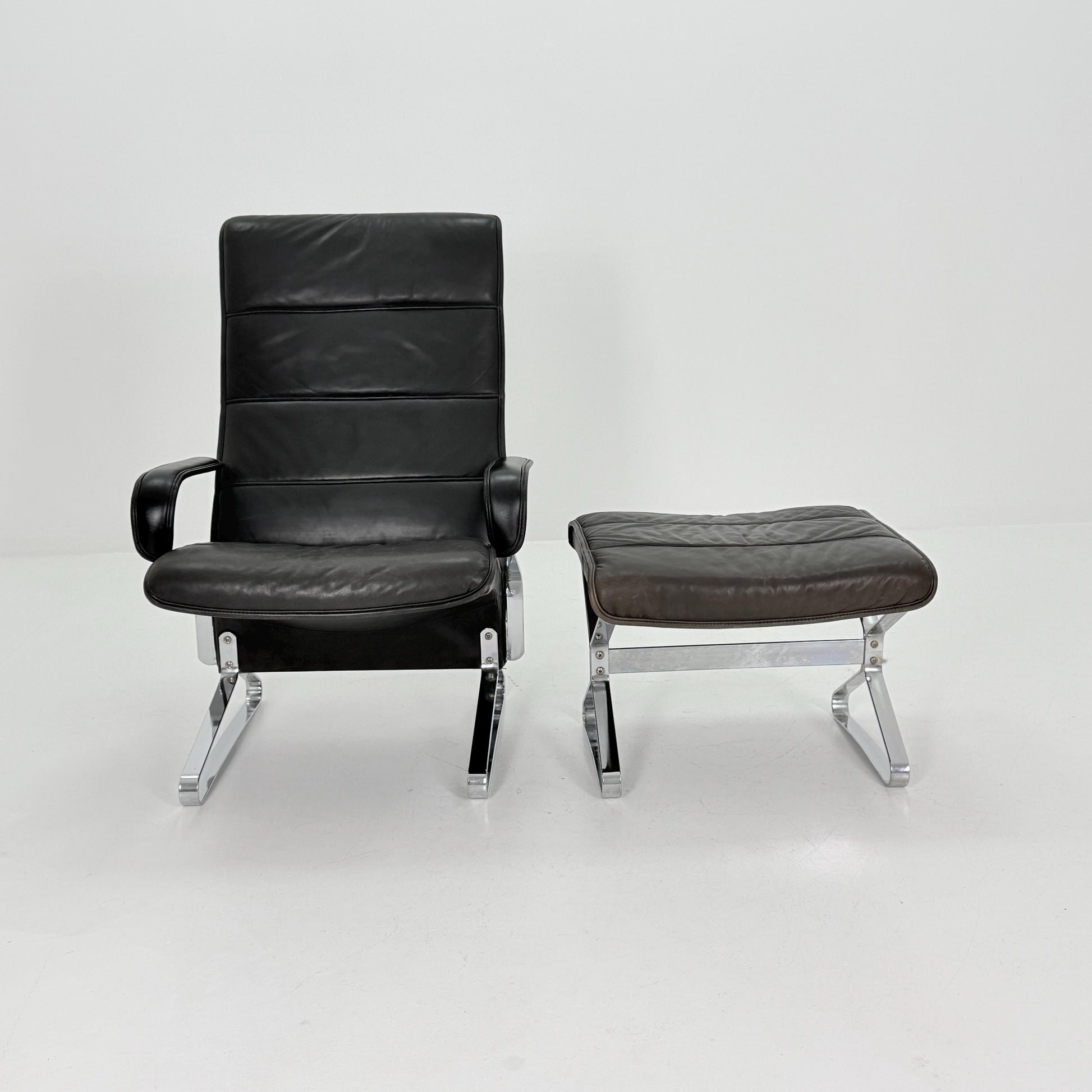 Mid Century Modern Lounge Chair / Ottoman Attributed to Kastholm & Fabricius – Black Leather -Chrome Armchair, Germany 1980s