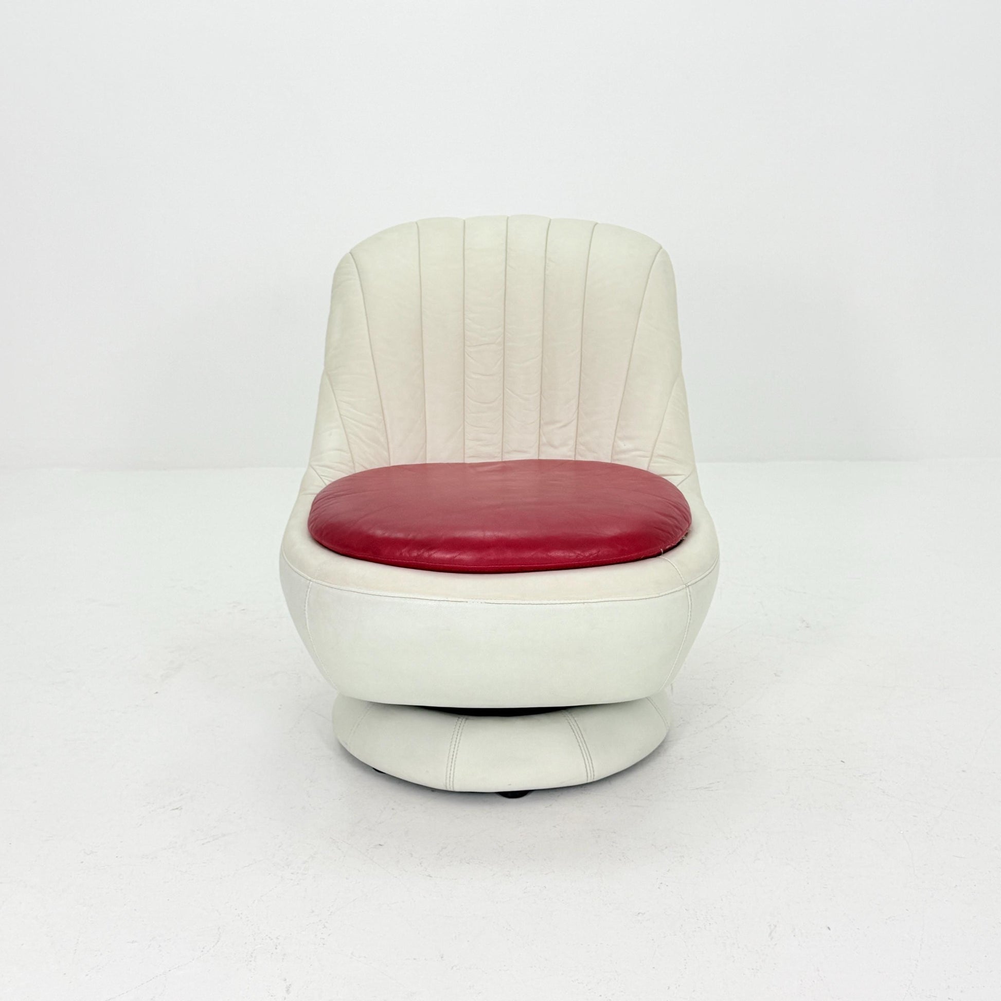 Mid Century Space Age Swivel Lounge Chair – White & Red Leather, Germany 1970s,