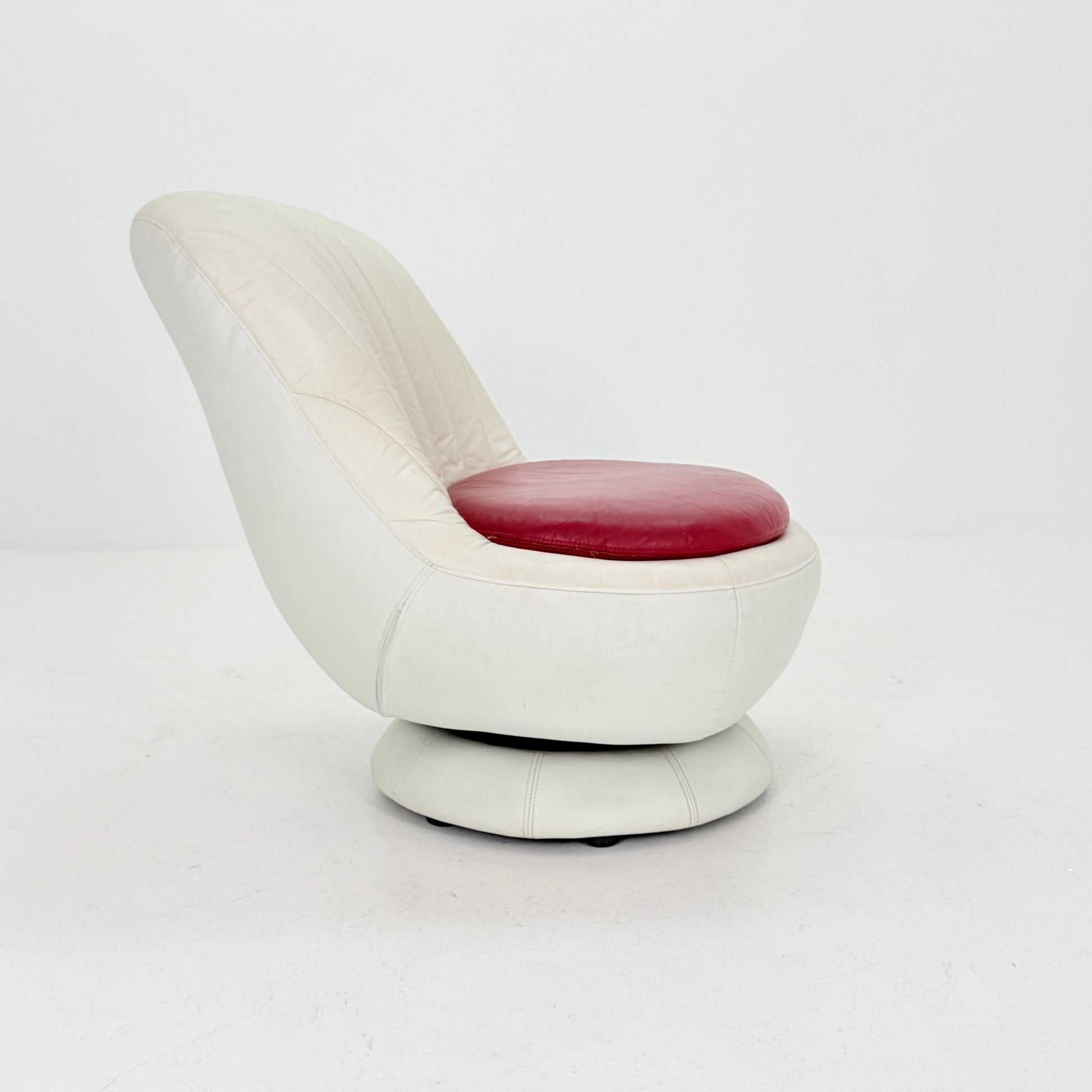 Mid Century Space Age Swivel Lounge Chair – White & Red Leather, Germany 1970s,