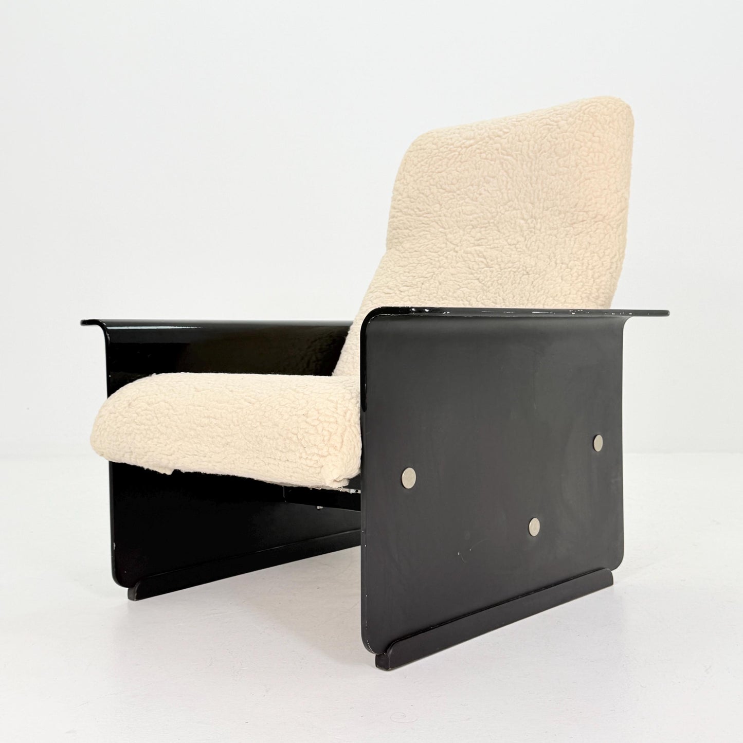 Mid Century Space Age Lounge Chair, Faux Fur Teddy Fabric & Black Wood Base, Germany 1980s,