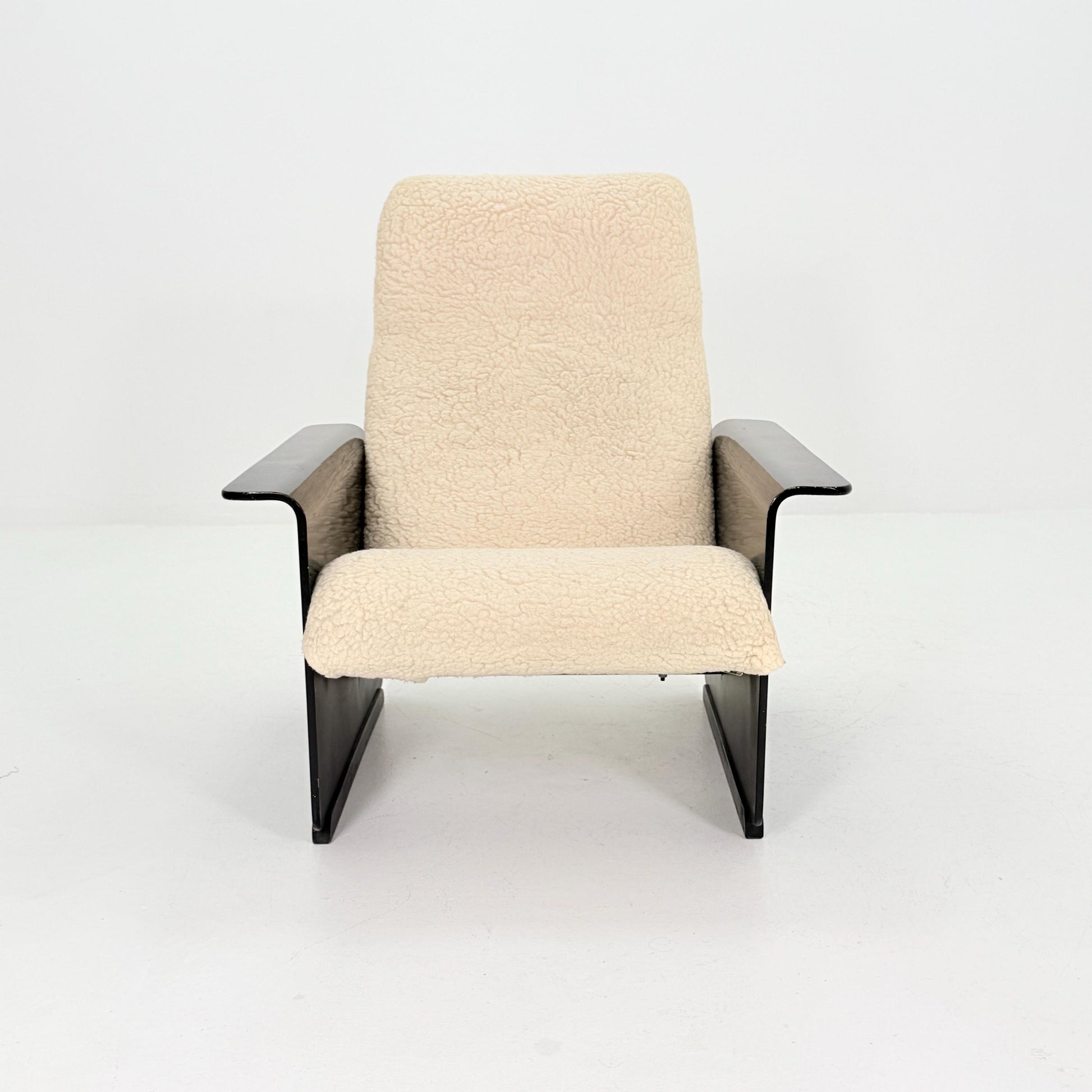 Mid Century Space Age Lounge Chair, Faux Fur Teddy Fabric & Black Wood Base, Germany 1980s,