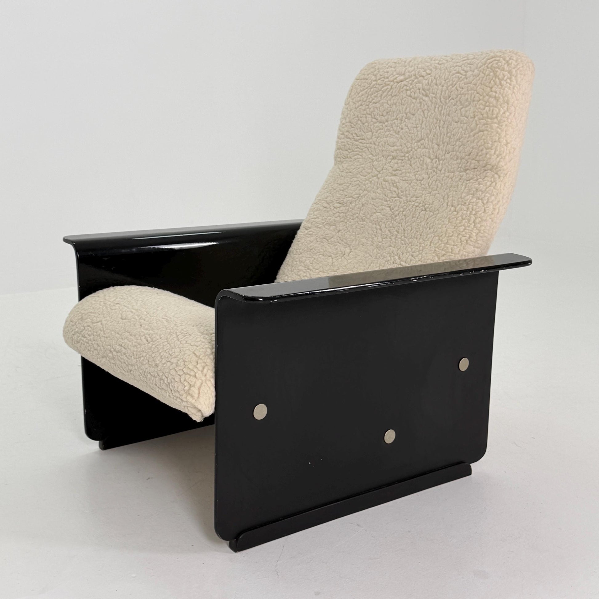Mid Century Space Age Lounge Chair, Faux Fur Teddy Fabric & Black Wood Base, Germany 1980s,