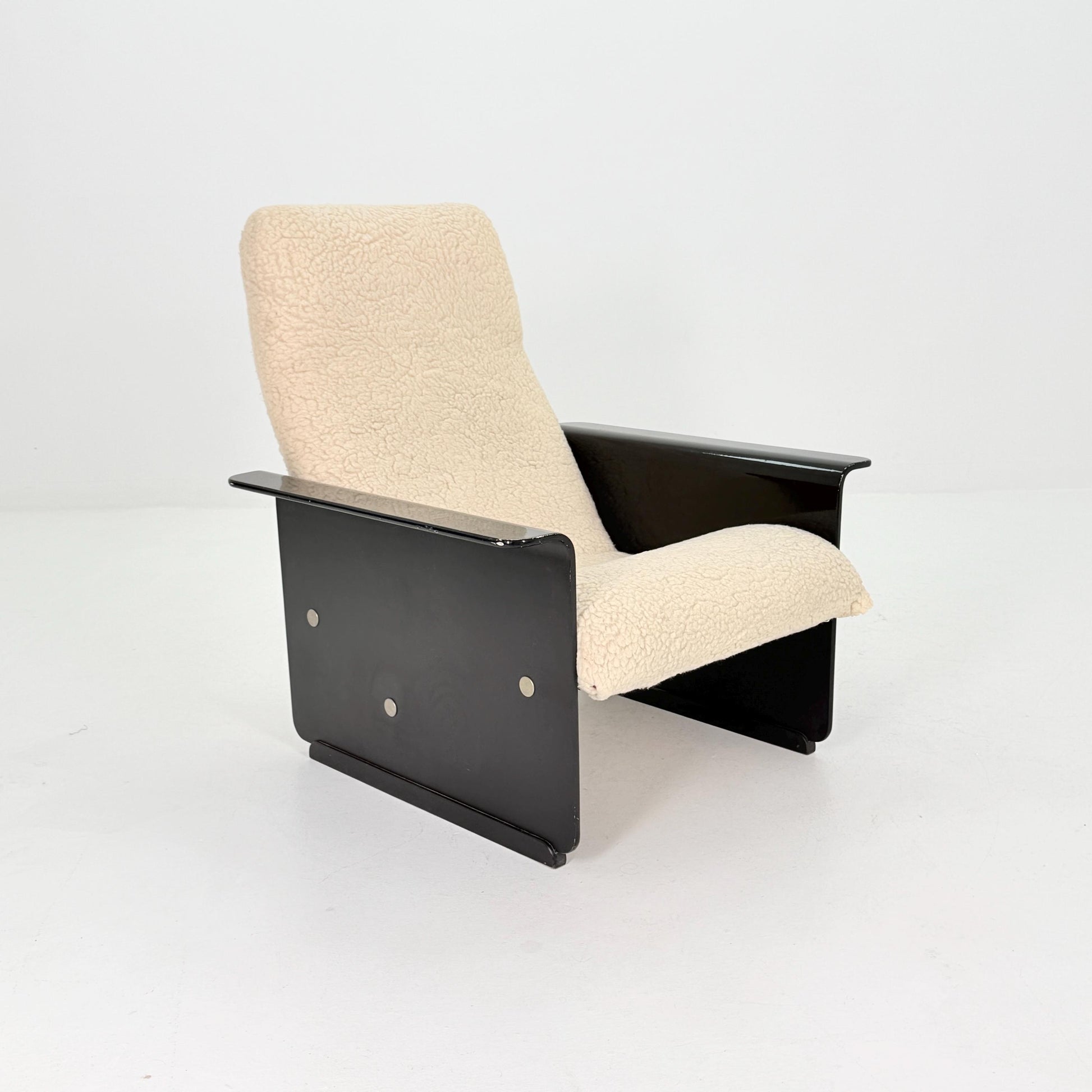 Mid Century Space Age Lounge Chair, Faux Fur Teddy Fabric & Black Wood Base, Germany 1980s,