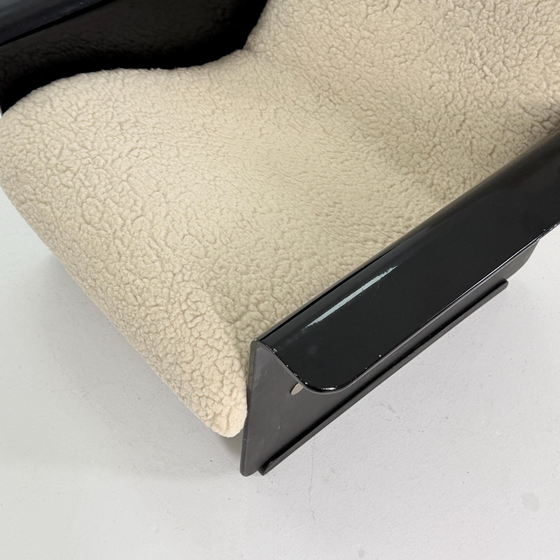 Mid Century Space Age Lounge Chair, Faux Fur Teddy Fabric & Black Wood Base, Germany 1980s,