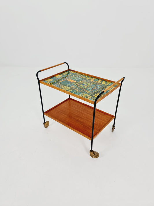 Vintage German mid century trolley bar cart in teak & metal, 1960s
