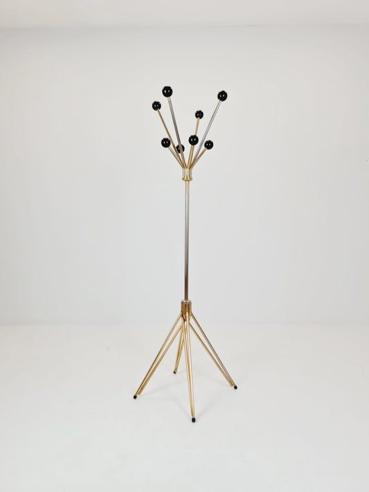 Mid-Century Modern Brass Coat Rack – Atomic Style with Black Ball Finials