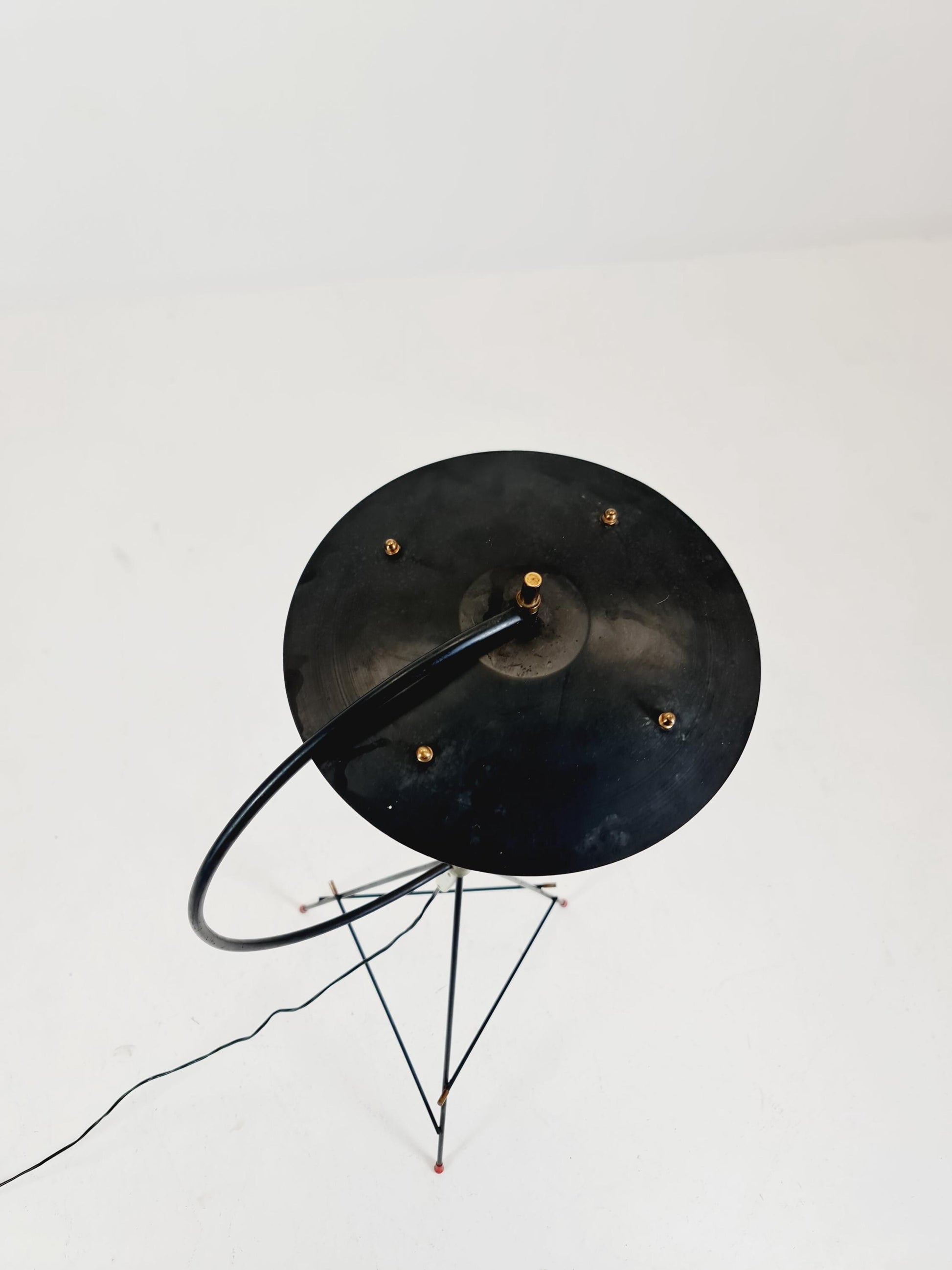 Mid century Tripod Italian floor lamp Red Glas & Brass Details 1950s