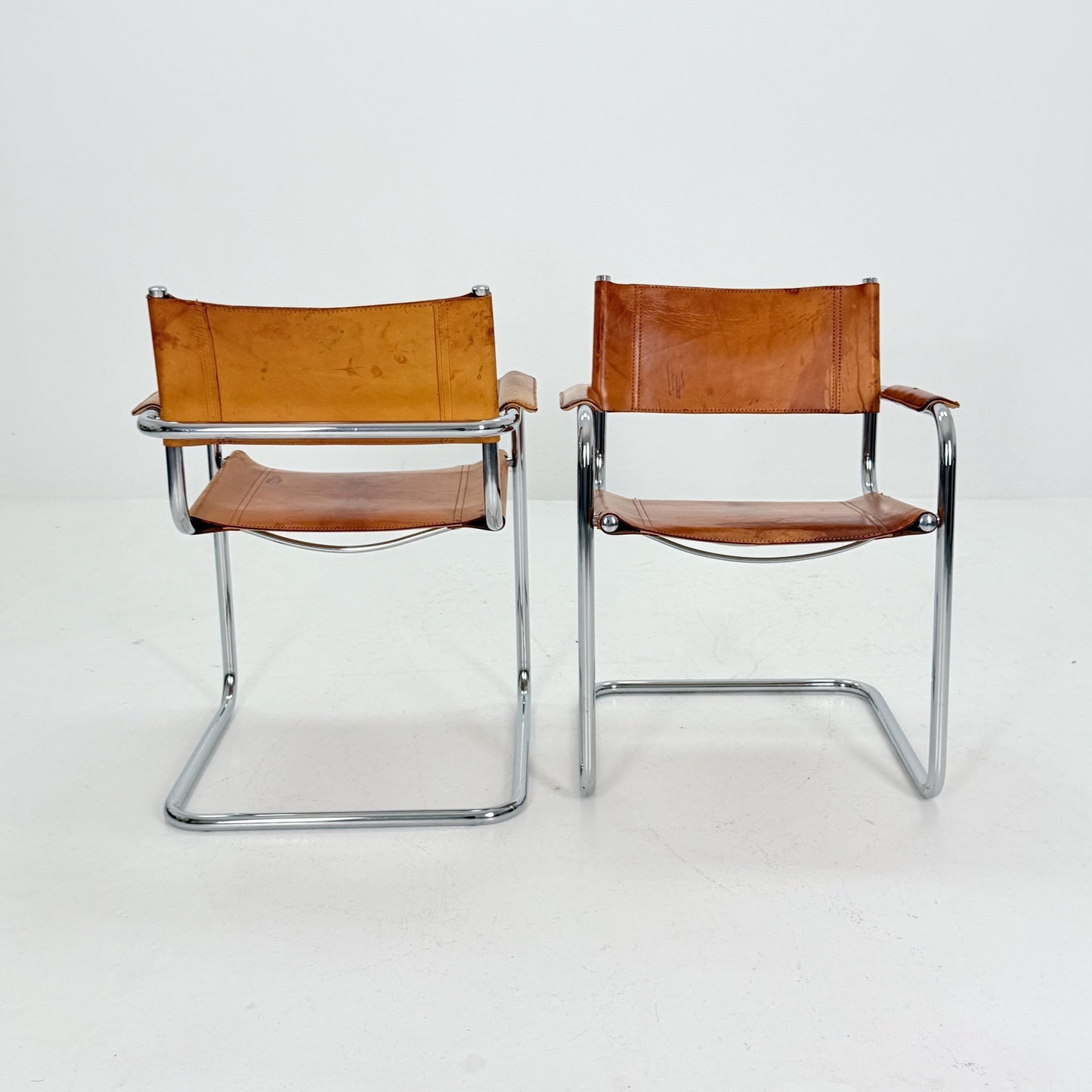 Set of 2 Mid century Bauhaus cognac armchairs by Mart stam & Marcel Brauer for Steel Line 1990s Italy