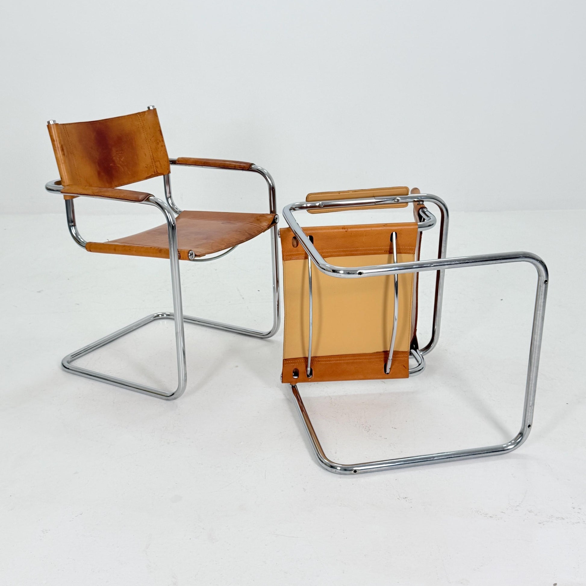 Set of 2 Mid century Bauhaus cognac armchairs by Mart stam & Marcel Brauer for Steel Line 1990s Italy