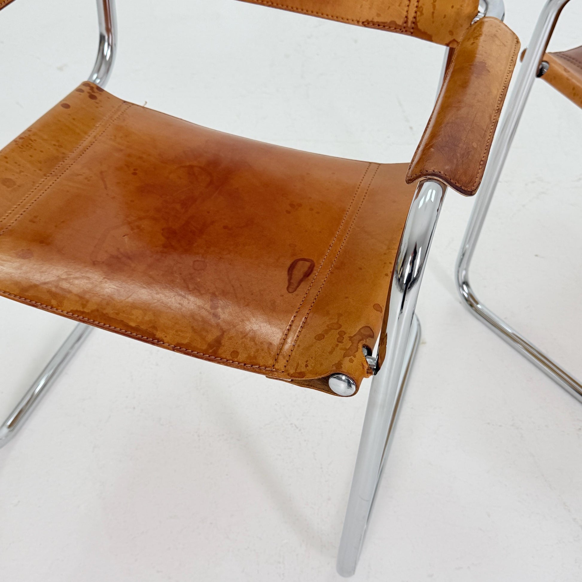 Set of 2 Mid century Bauhaus cognac armchairs by Mart stam & Marcel Brauer for Steel Line 1990s Italy