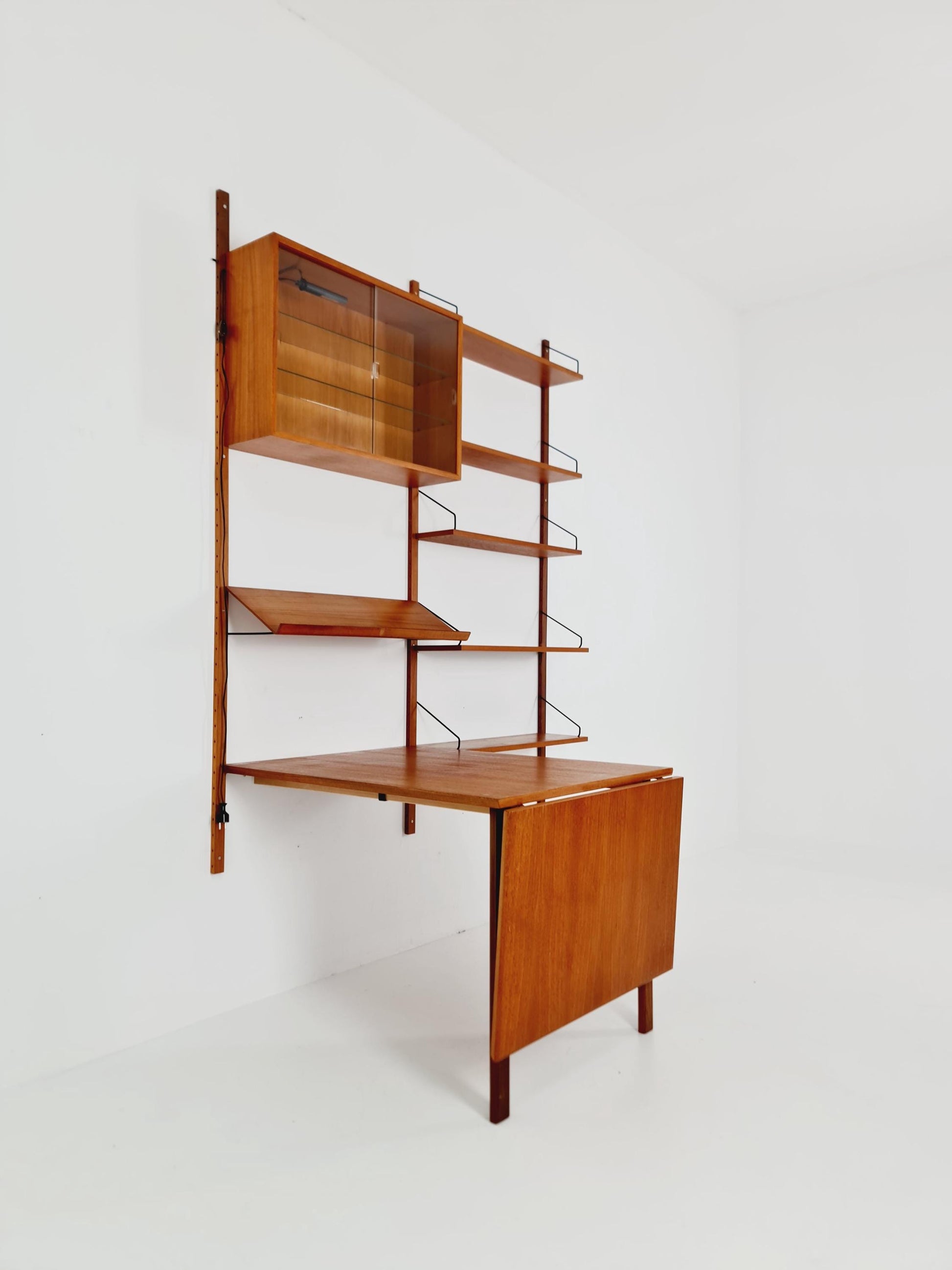 Big Mid century Danish Teak Wall Unit with showcase and dining table/Desk with show case by Poul Cadovius for Cado, Denmark, 1960s