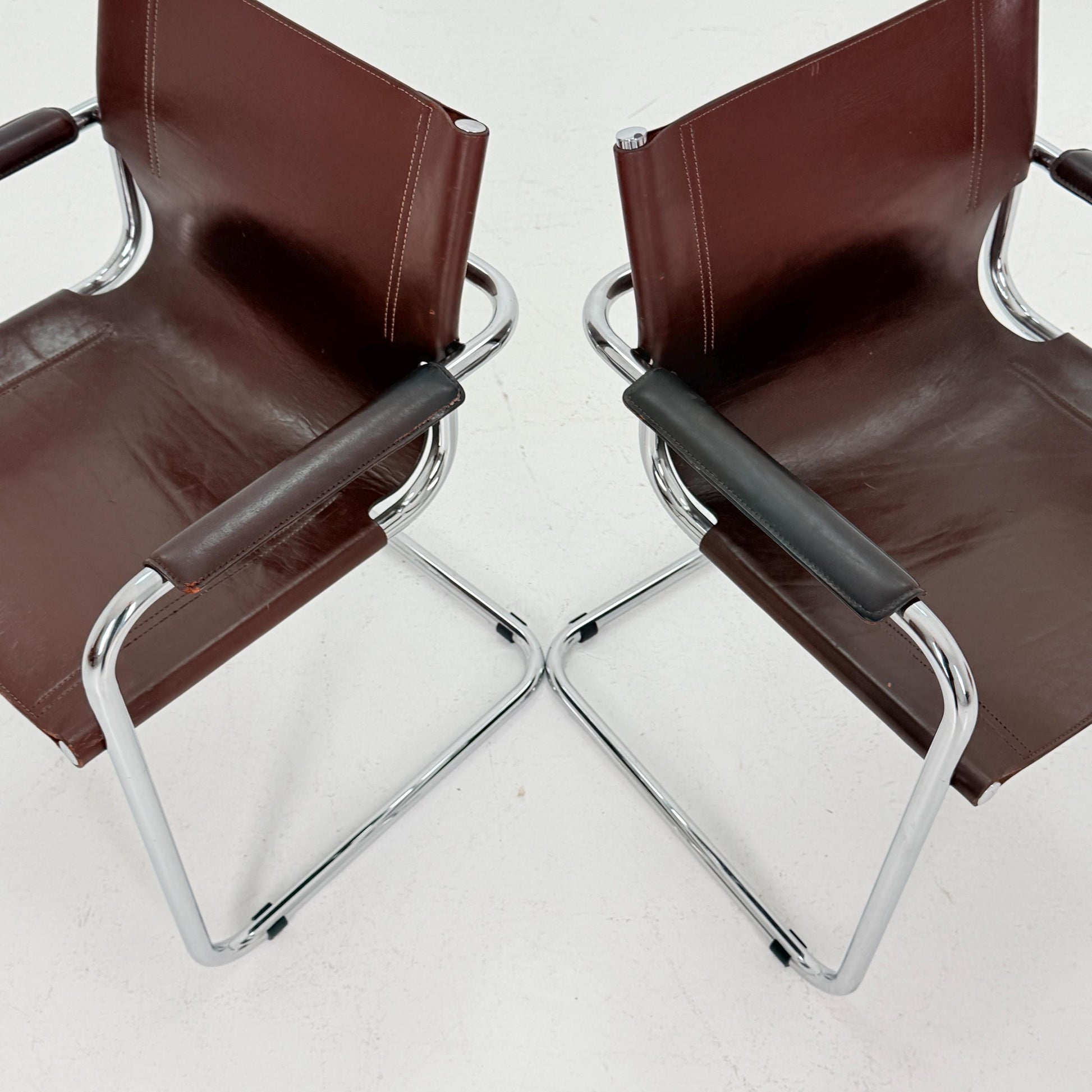 Set of 2 Matteo Grassi MG5 Visitor Chairs in Brown Leather – Bauhaus Cantilever Design by Mart Stam & Marcel Breuer, Italy 1970s