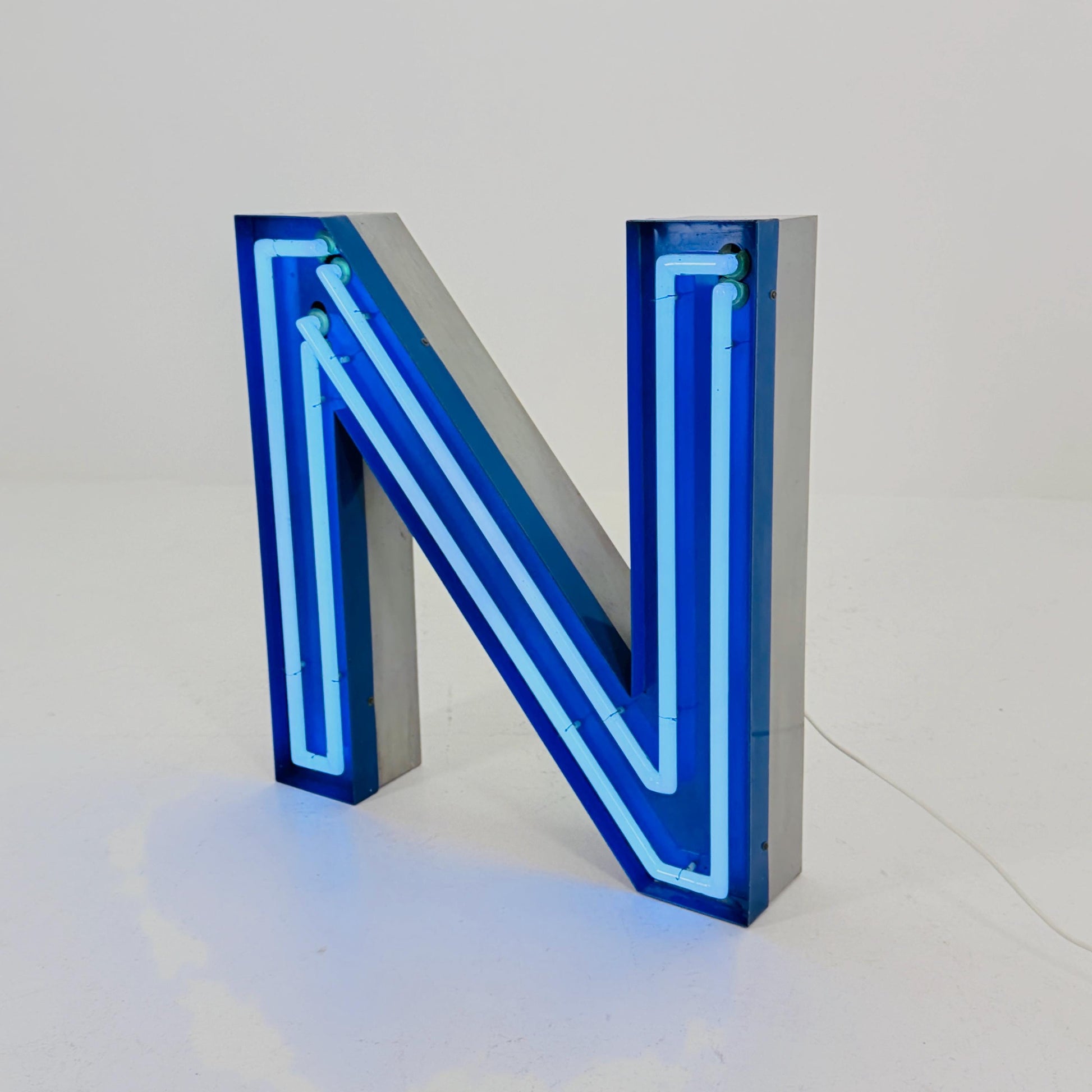 Mid Century Neon Letter Sign N / Z, – Large Industrial Neon Shop Sign, Blue Metal Advertising Reklame with Transformer Germany 1960s