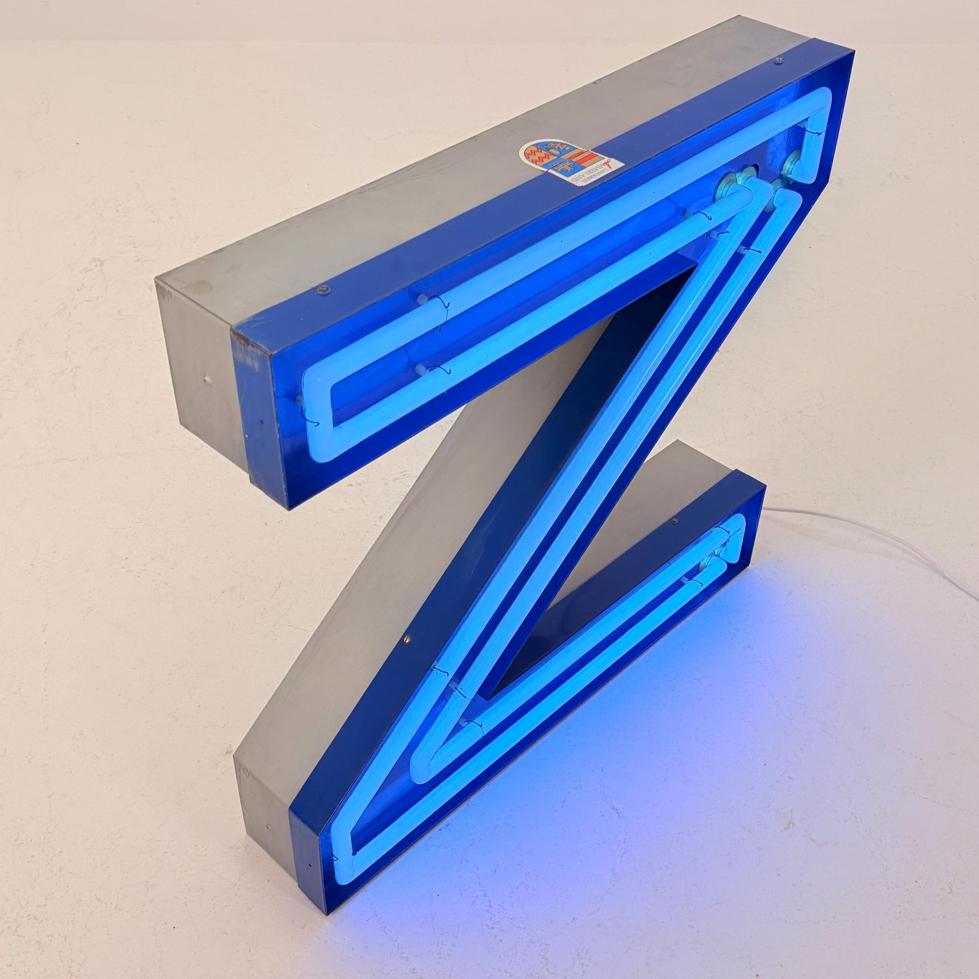Mid Century Neon Letter Sign N / Z, – Large Industrial Neon Shop Sign, Blue Metal Advertising Reklame with Transformer Germany 1960s