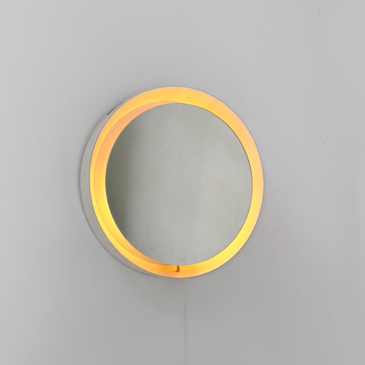 Mid century vintage wall illuminated mirror backlit with a cream plastic frame Sweden 1970s