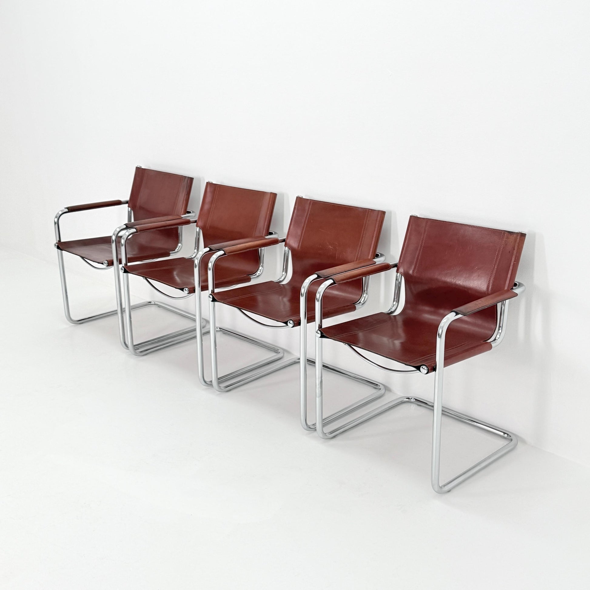 Set of 4 Matteo Grassi original Bauhaus design Visitor model armchairs dark cognac Leather Italy 1970s