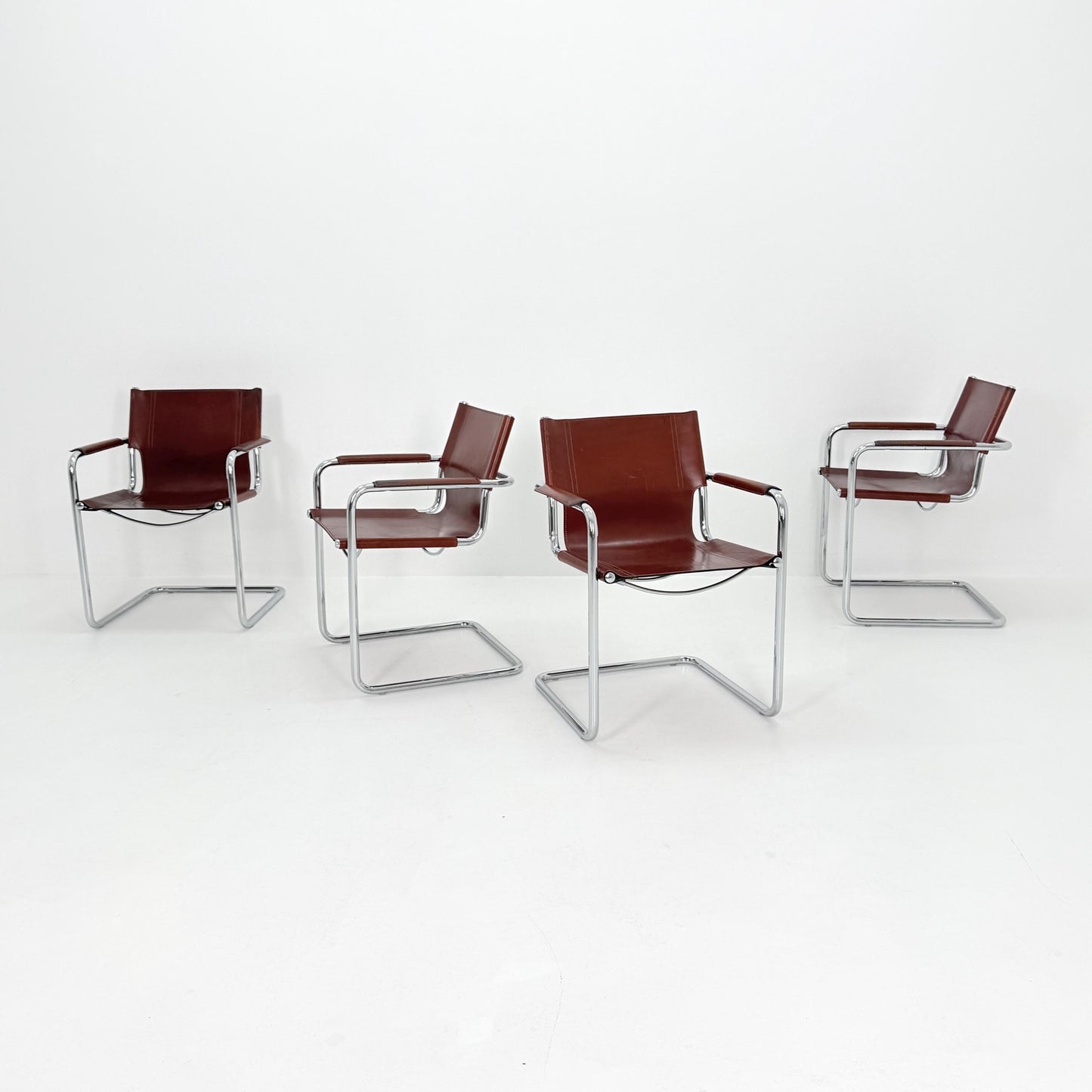 Set of 4 Matteo Grassi original Bauhaus design Visitor model armchairs dark cognac Leather Italy 1970s