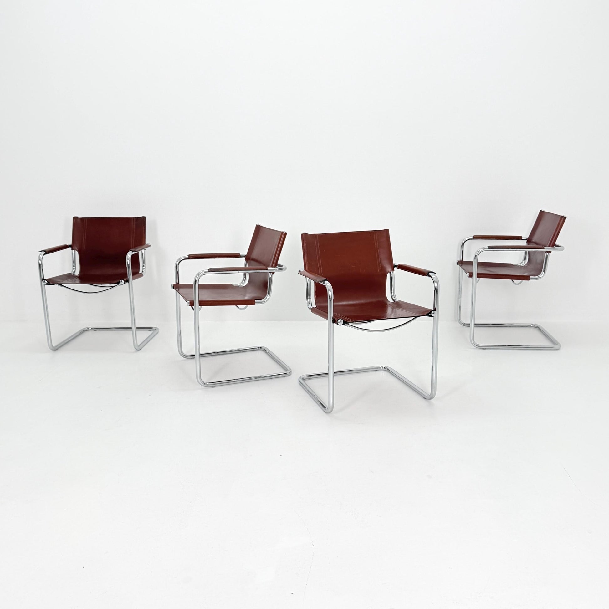Set of 4 Matteo Grassi original Bauhaus design Visitor model armchairs dark cognac Leather Italy 1970s