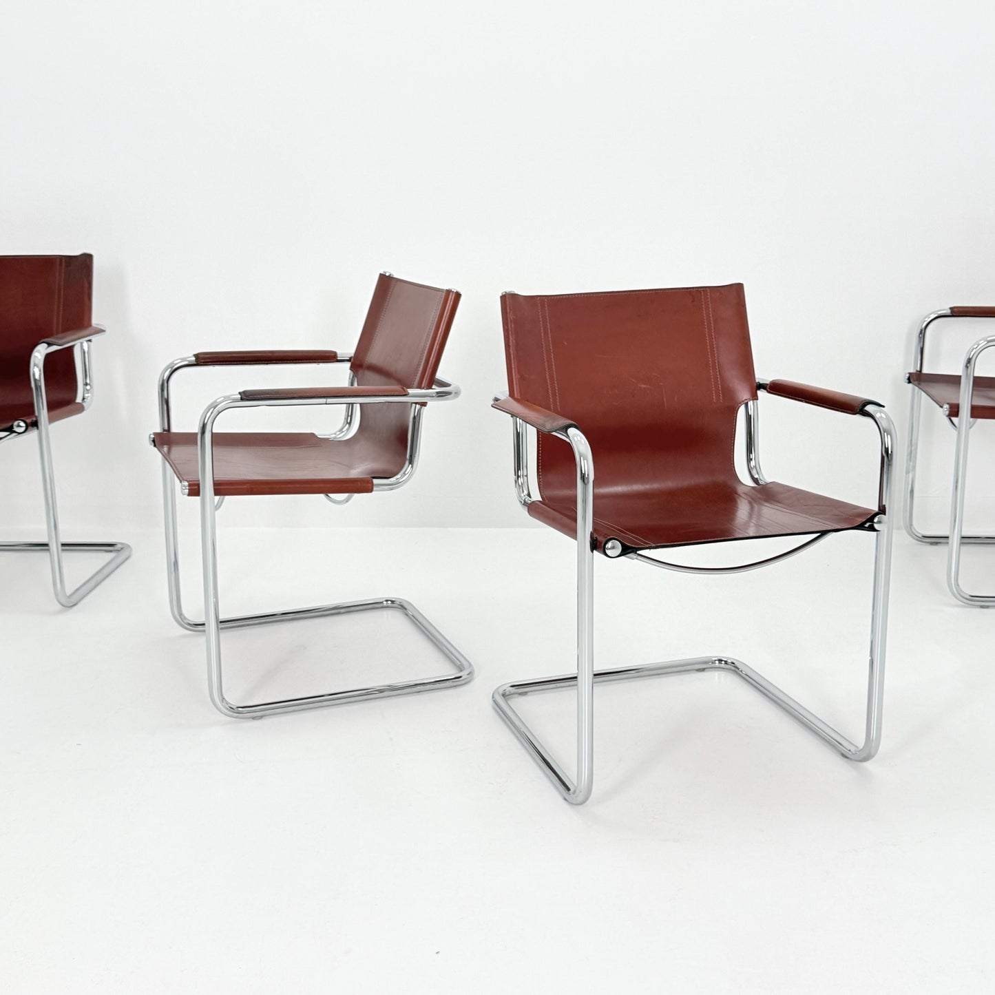 Set of 4 Matteo Grassi original Bauhaus design Visitor model armchairs dark cognac Leather Italy 1970s