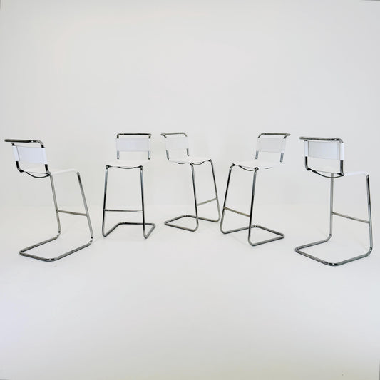 1 of 5 Bauhaus S39 L Bar Stools by Mart Stam for Thonet – white Vegetal Leather & Chrome – 1970s Germany