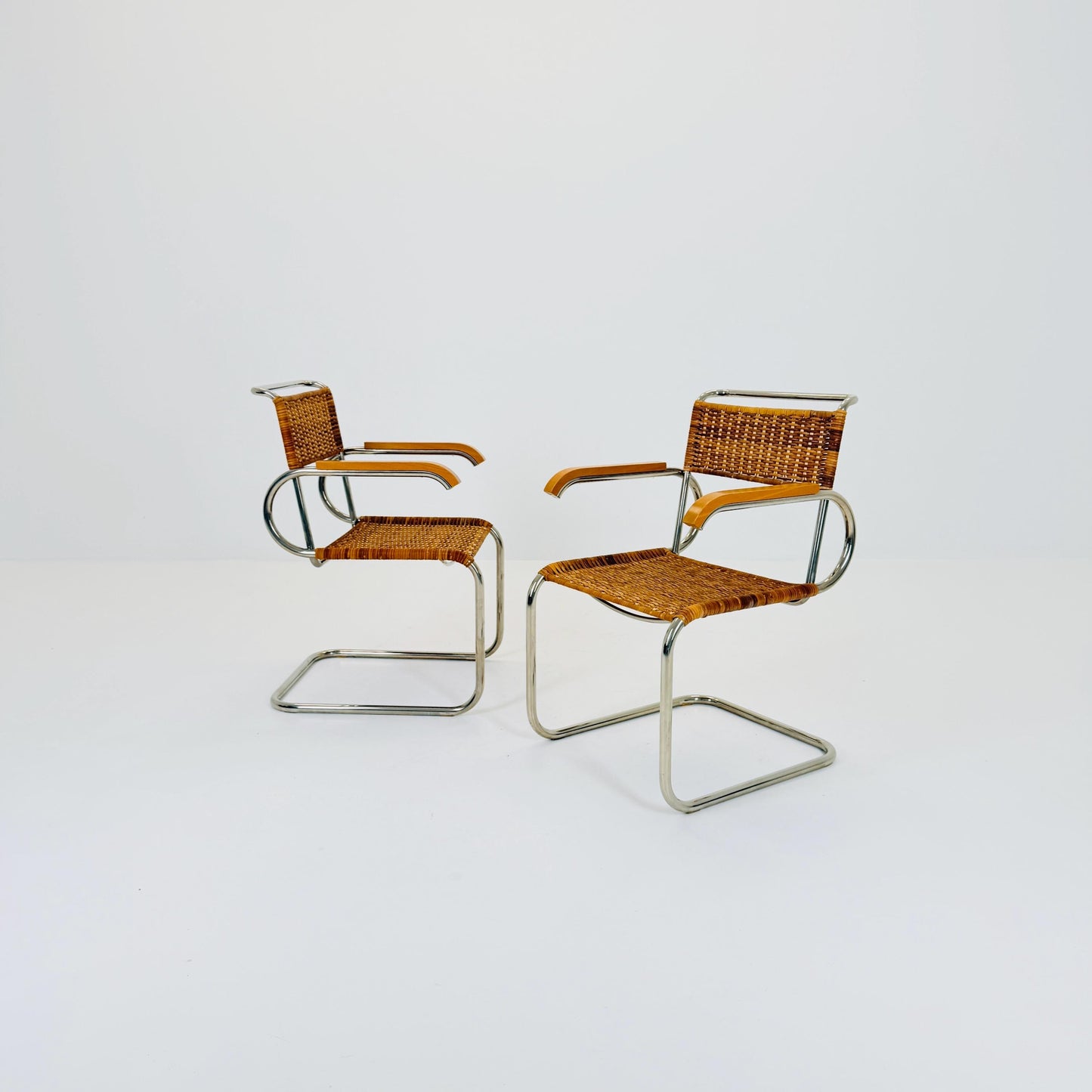 set of 2 Mid century Cantilever D40 Rattan armchairs for Marcel Breuer By Tecta Germany 1980s
