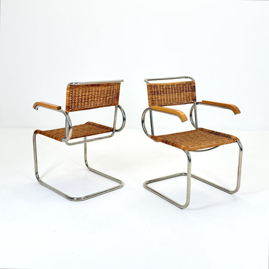 set of 2 Mid century Cantilever D40 Rattan armchairs for Marcel Breuer By Tecta Germany 1980s