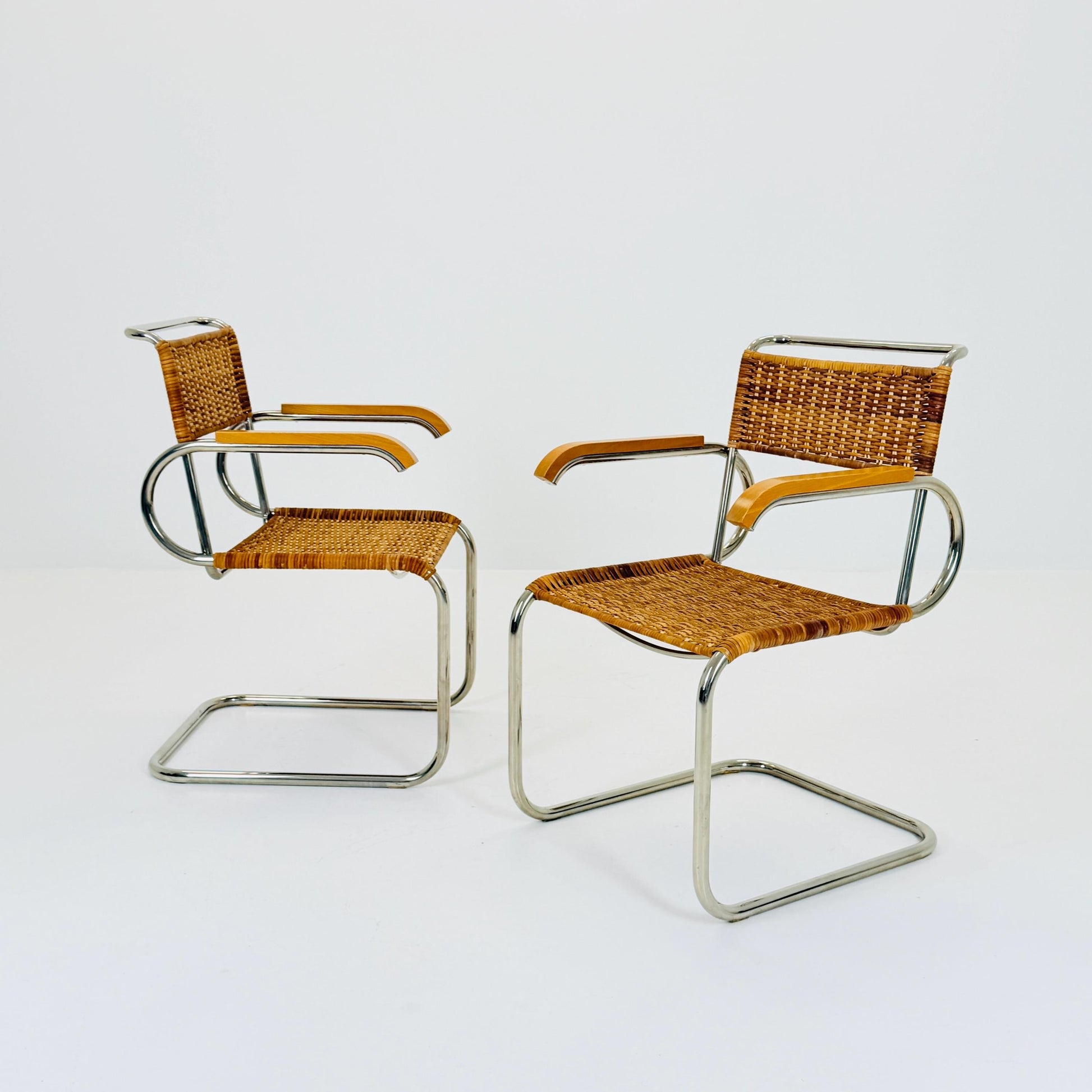 set of 2 Mid century Cantilever D40 Rattan armchairs for Marcel Breuer By Tecta Germany 1980s
