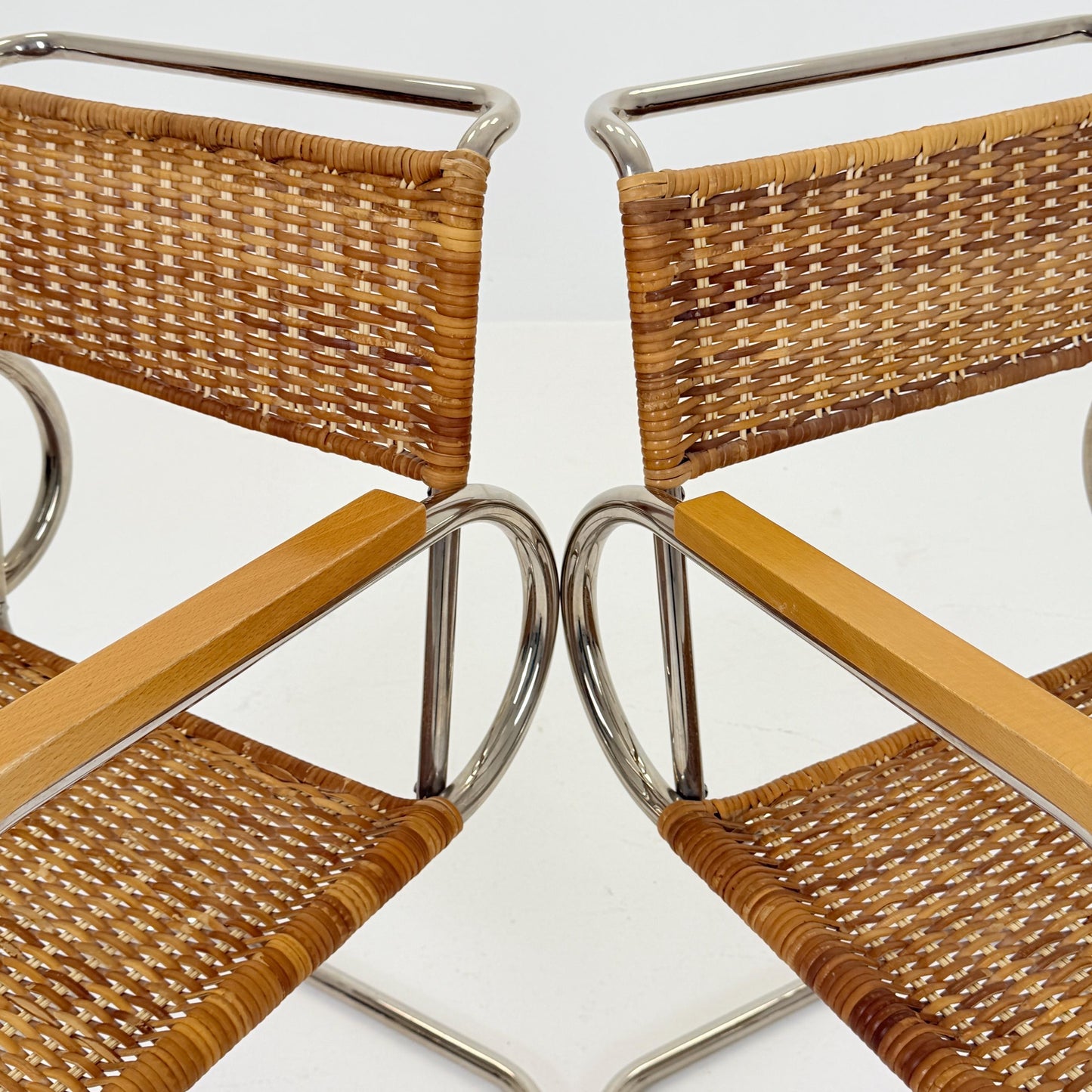 set of 2 Mid century Cantilever D40 Rattan armchairs for Marcel Breuer By Tecta Germany 1980s