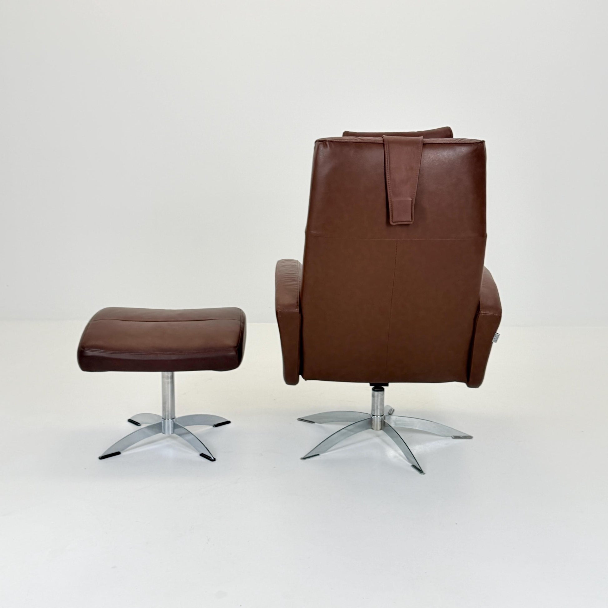 Mid Century Hjort Knudsen Danish Spinning Armchair & Ottoman – Brown Leather Swivel Lounge Chair – Denmark 1990s MCM