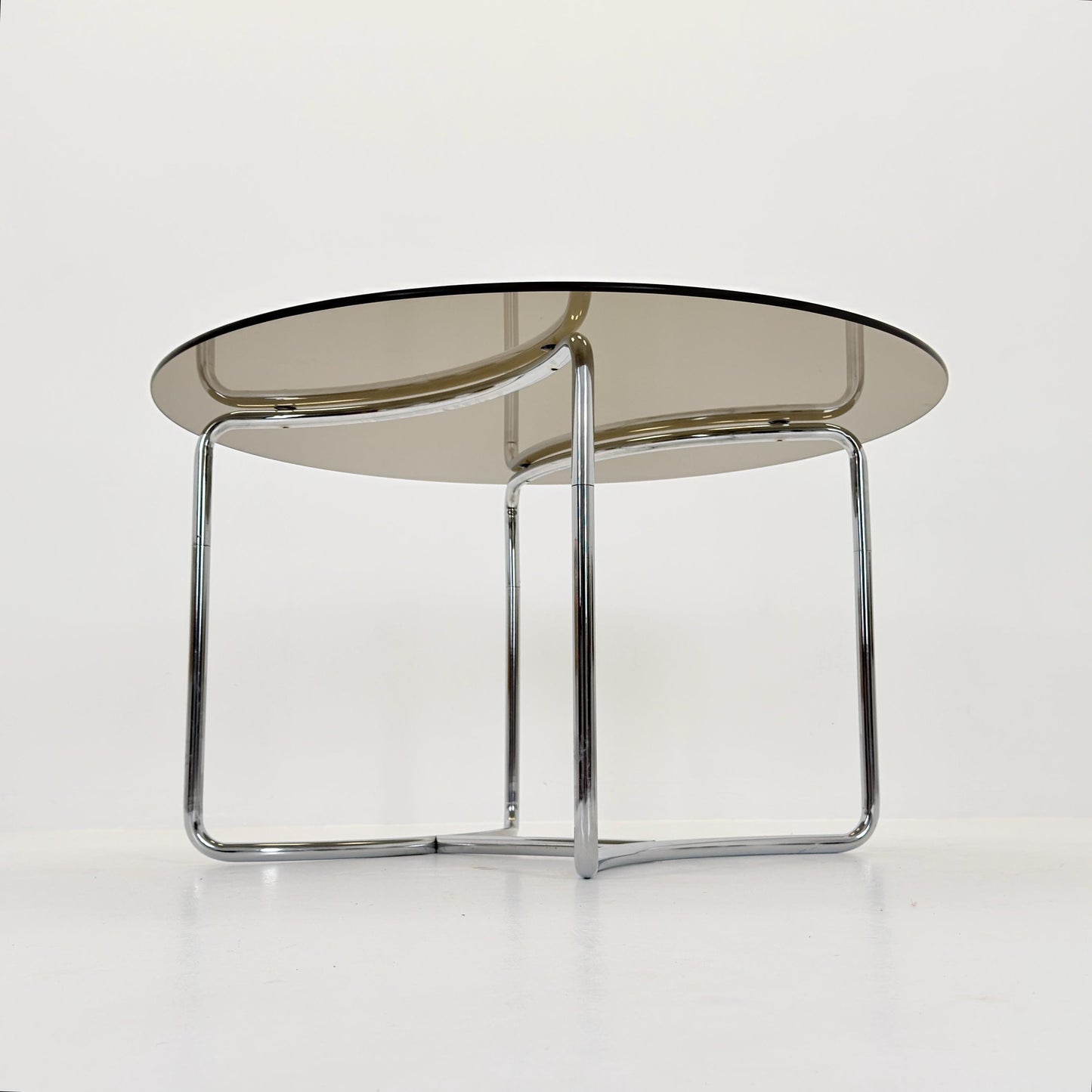 Mid-Century Modern Bauhaus Dining Table By Vittorio Introini– 1970s Italy, Round Smoked Glass & Chrome,
